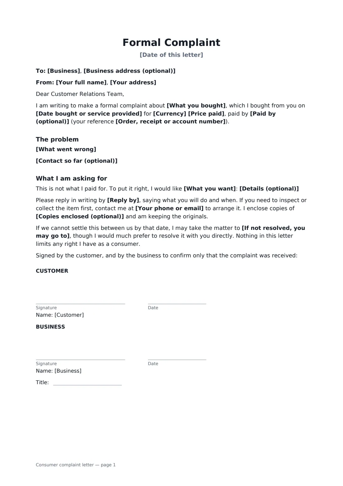 Consumer complaint letter — page 1 of 1