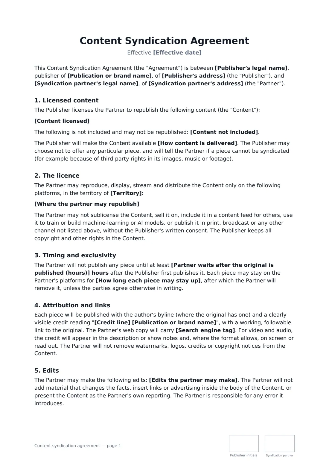 Content syndication agreement — page 1 of 3