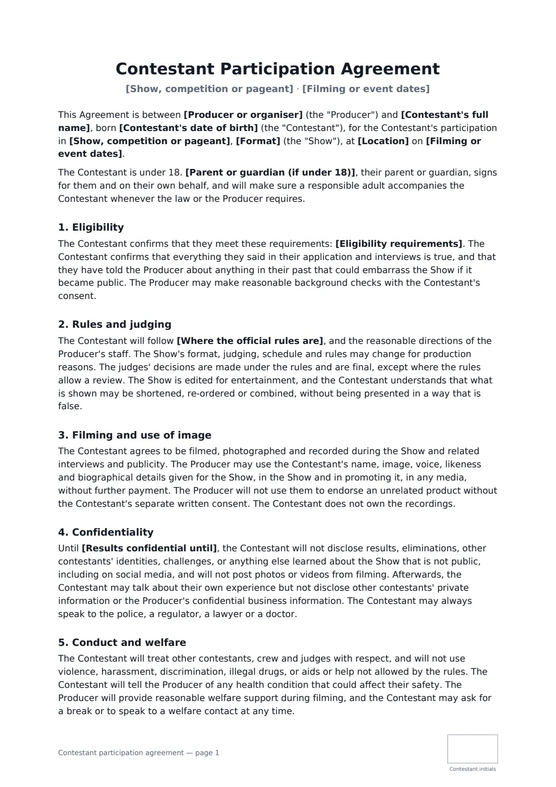 Contestant participation agreement — page 1 of 2