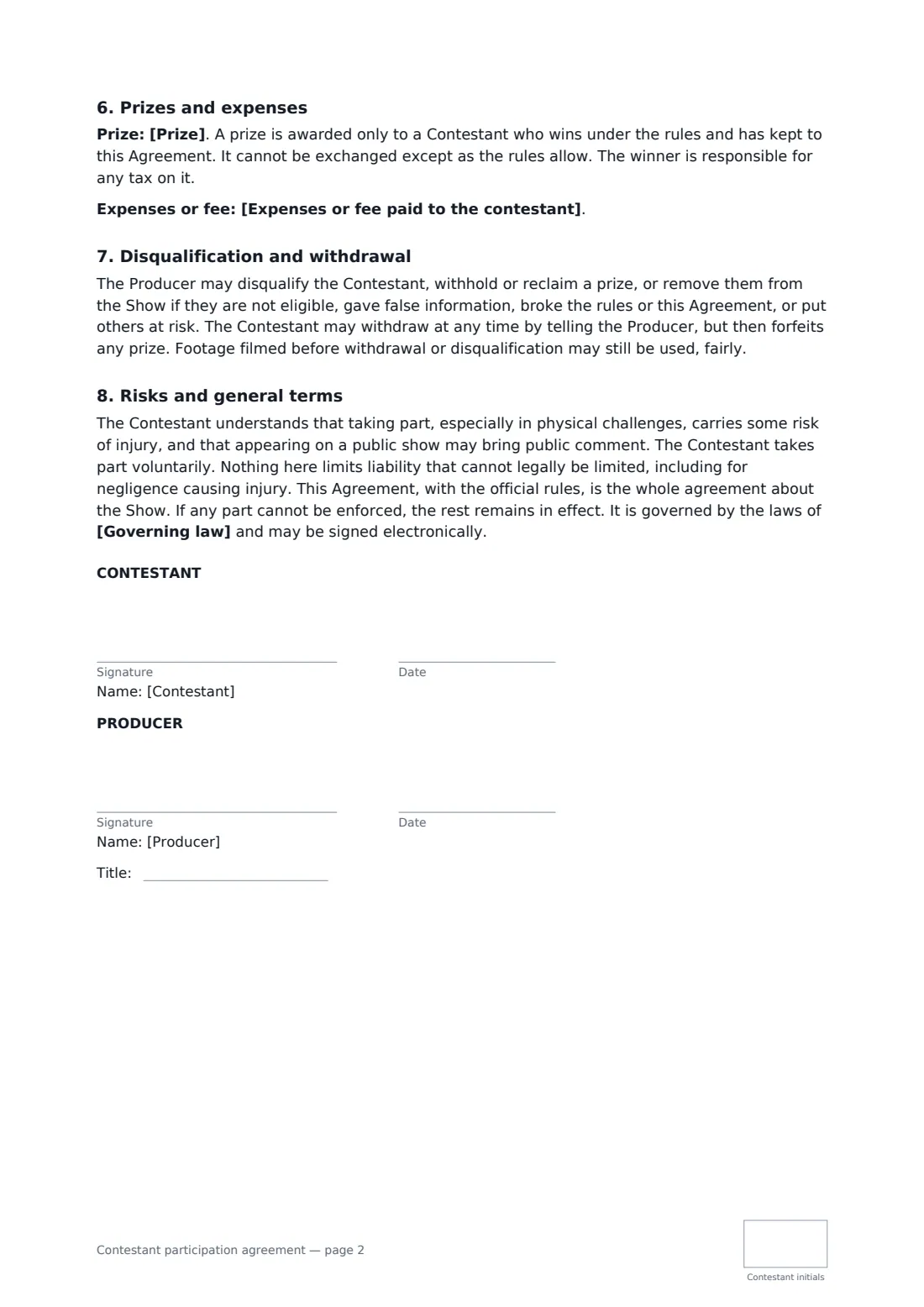 Contestant participation agreement — page 2 of 2
