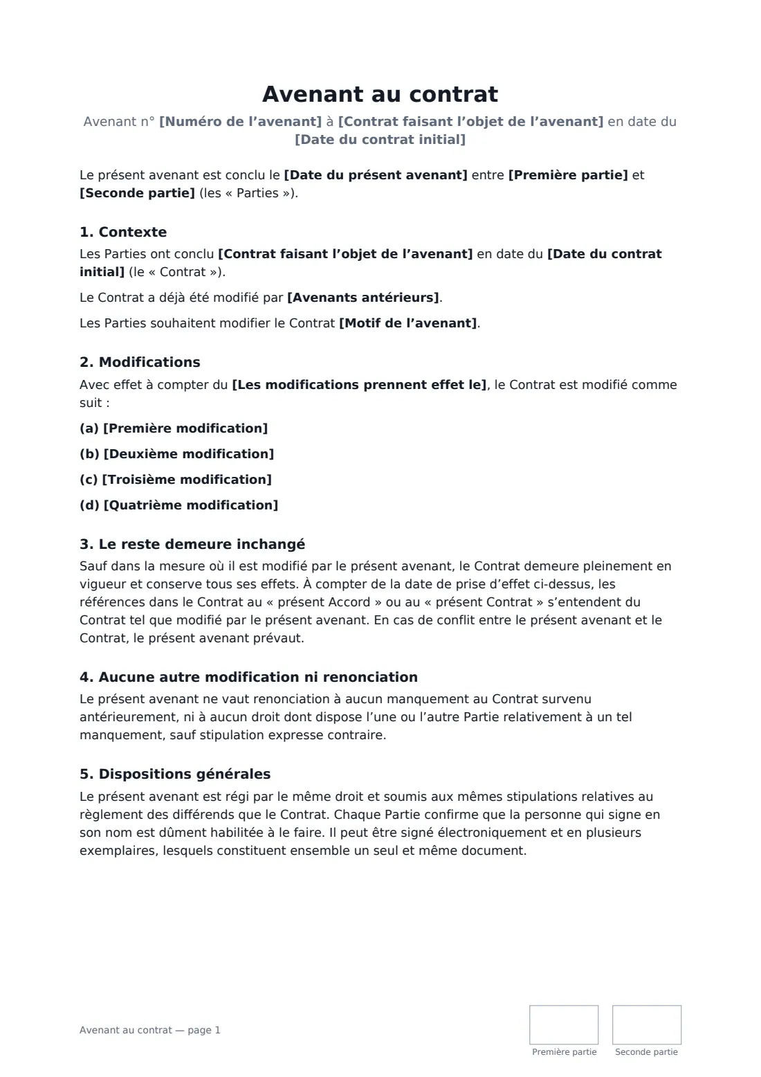 Avenant au contrat — page 1 sur 2