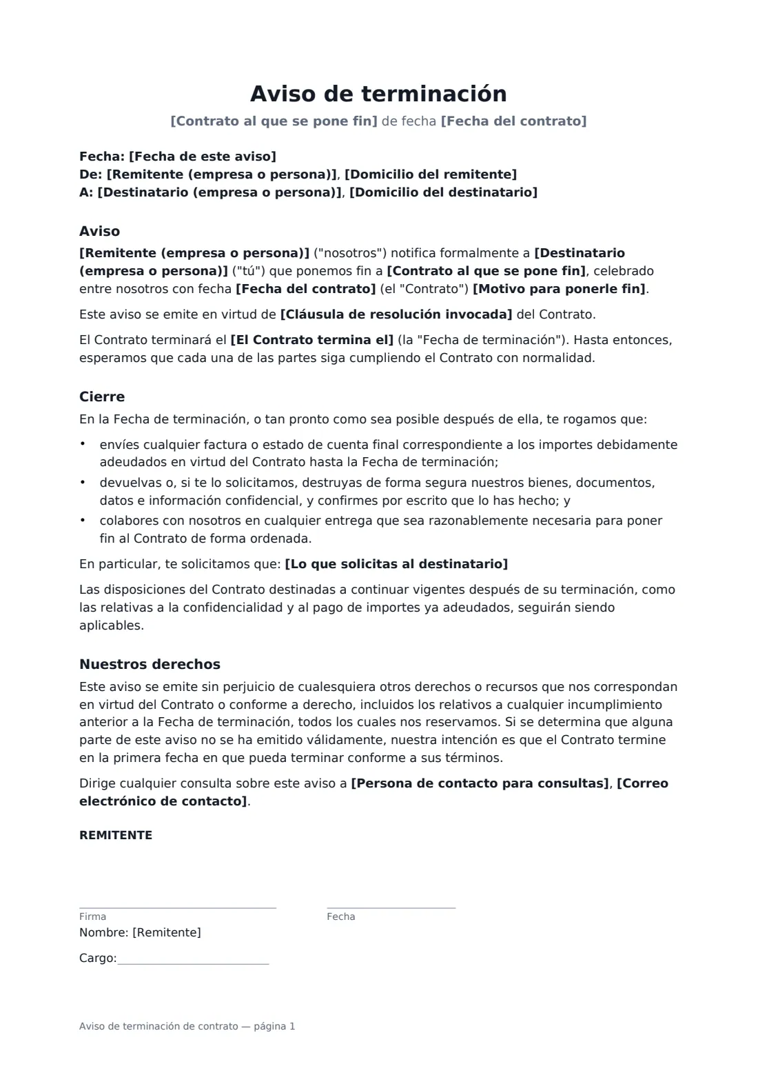 Aviso de terminación de contrato: página 1 de 2
