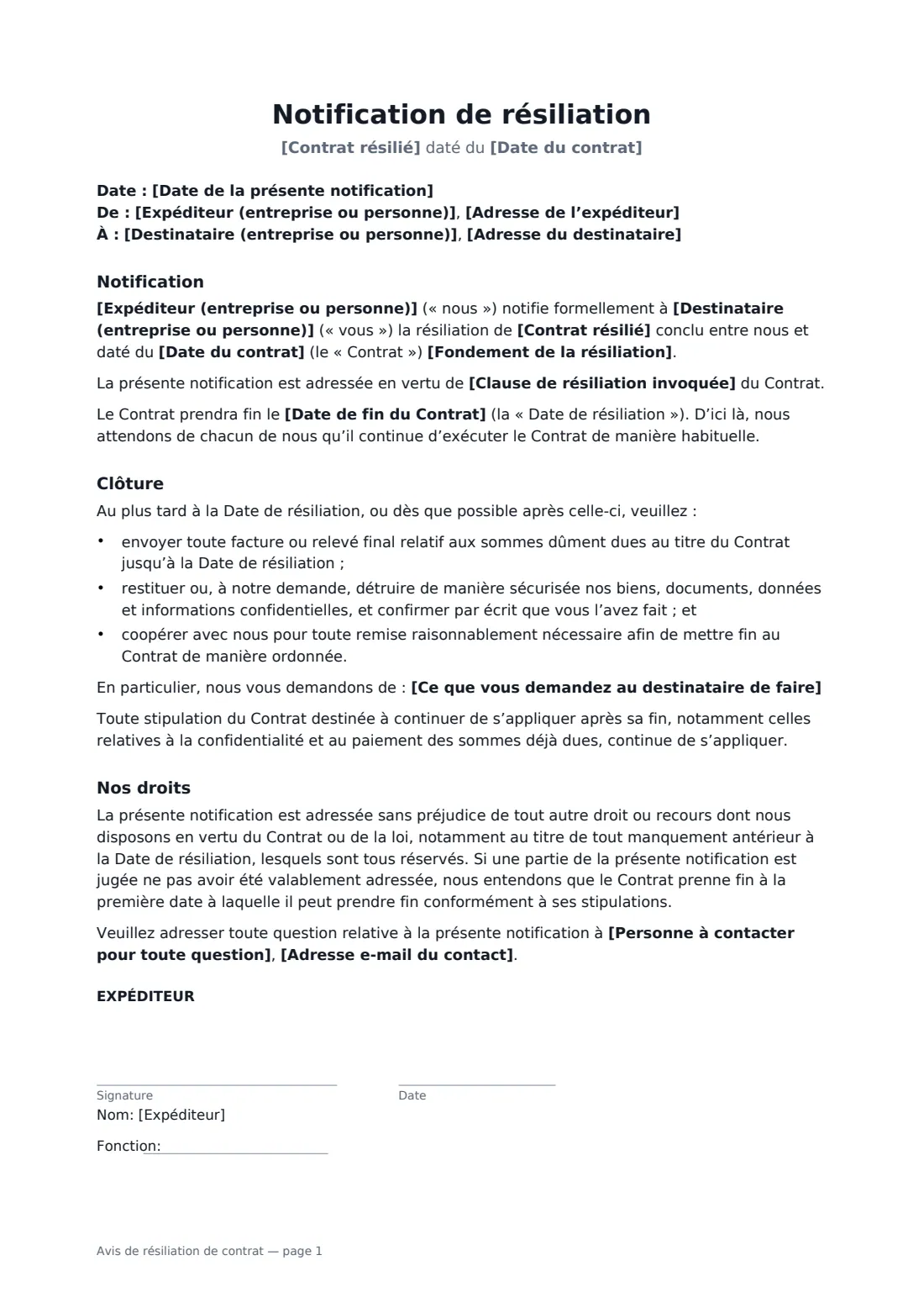 Avis de résiliation de contrat — page 1 sur 2