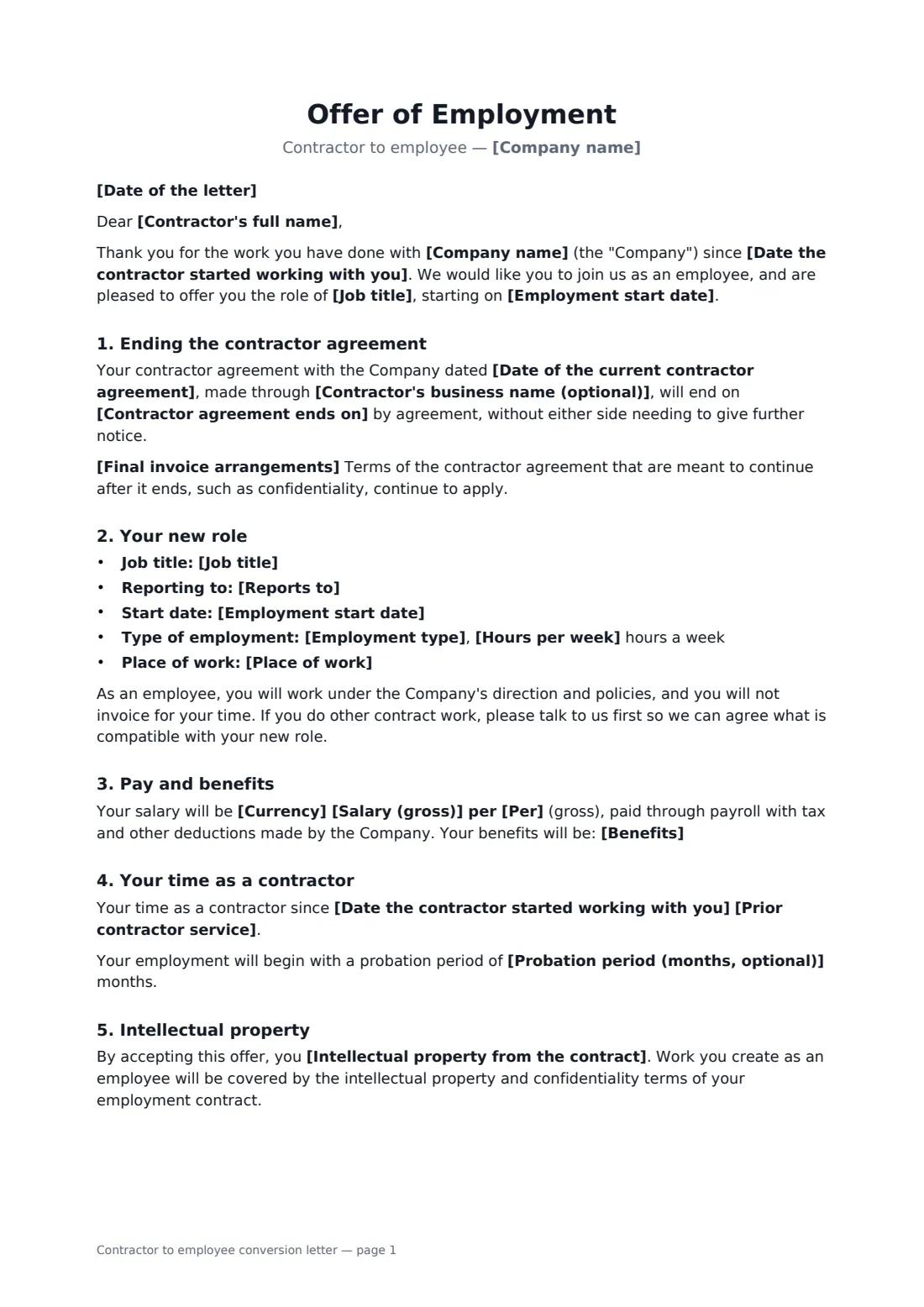 Contractor to employee conversion letter — page 1 of 2