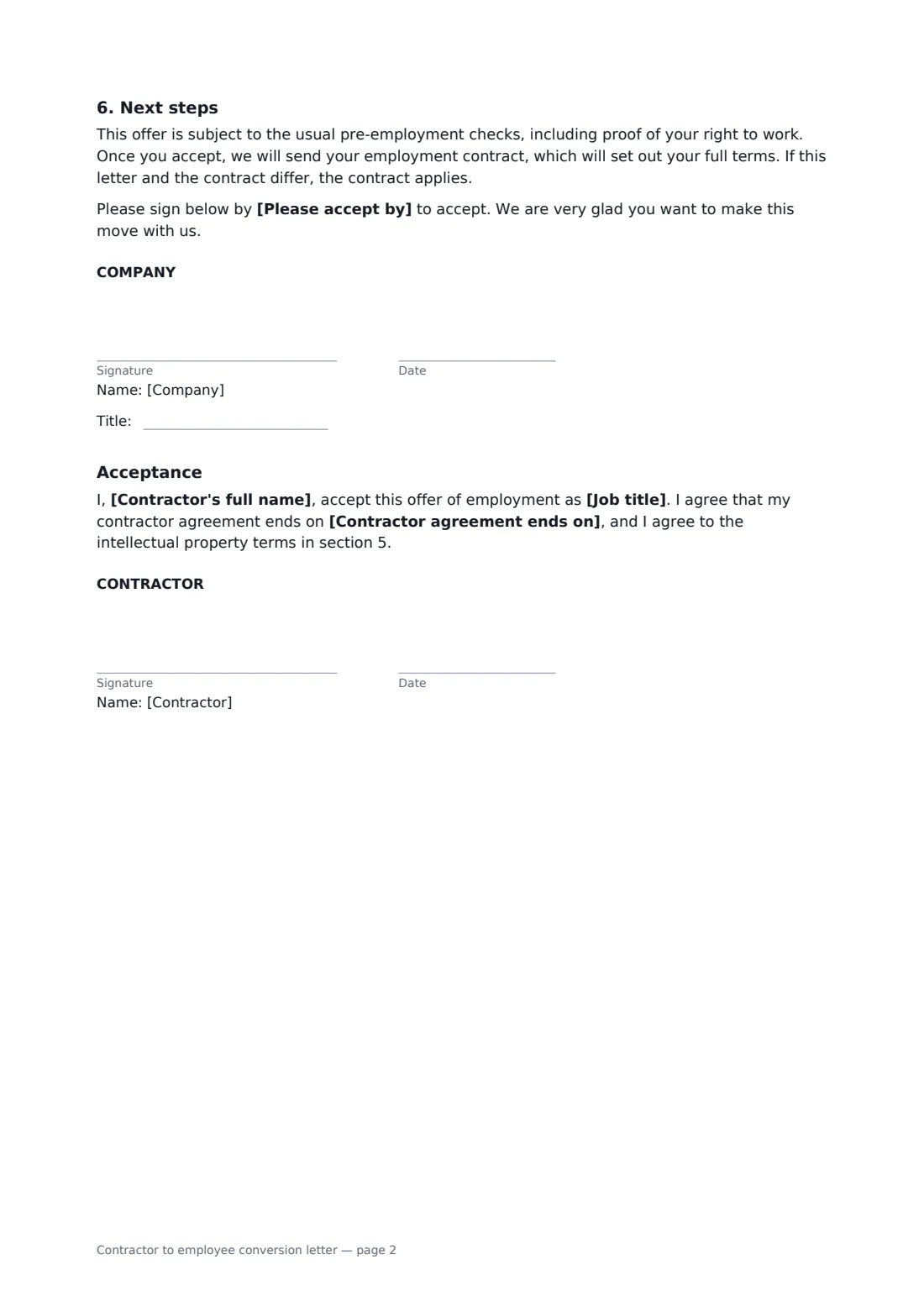 Contractor to employee conversion letter — page 2 of 2
