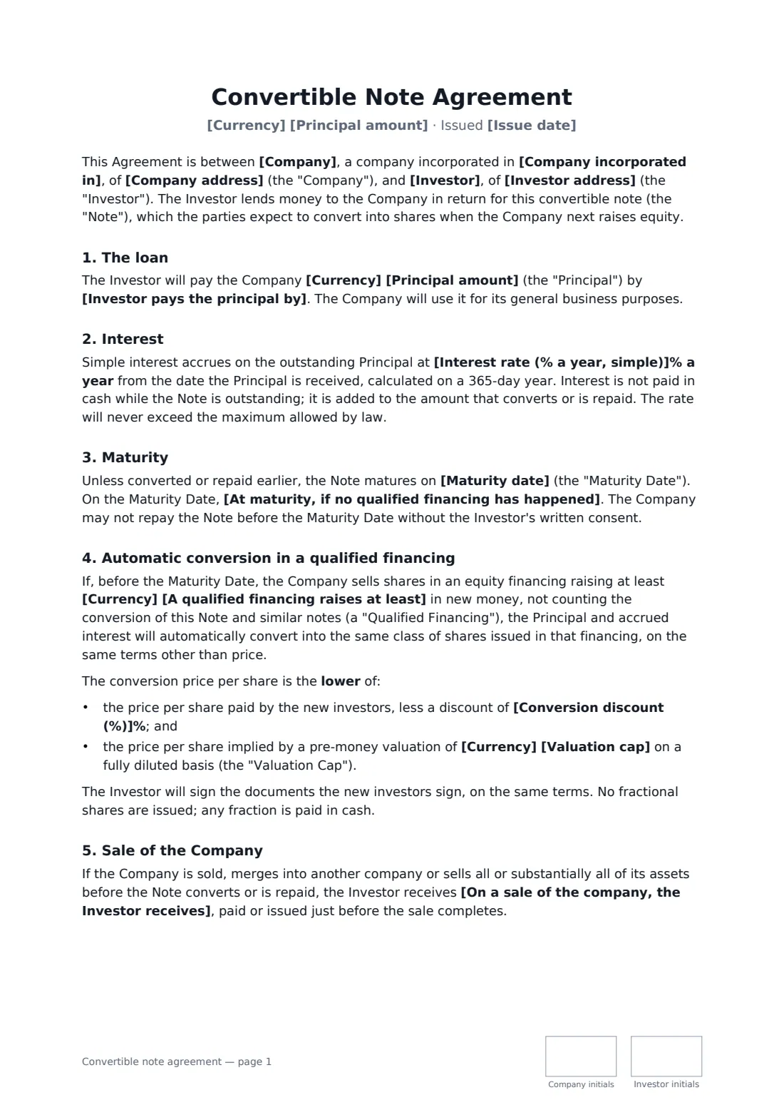 Convertible note agreement — page 1 of 2