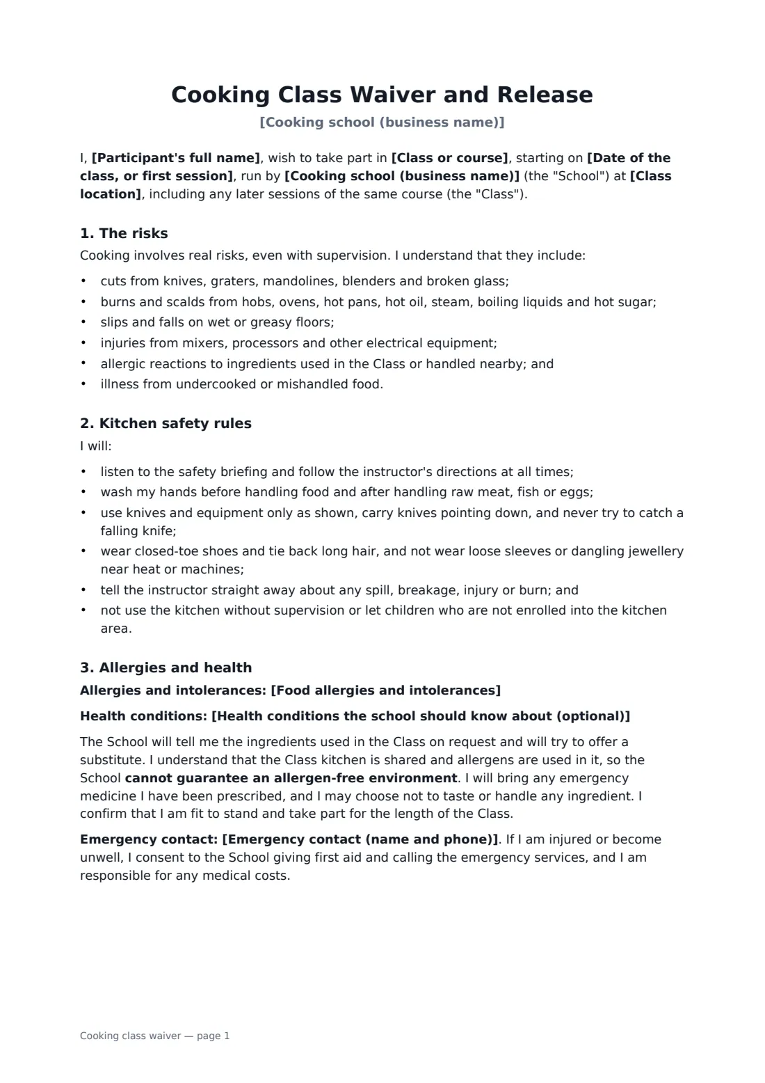 Cooking class waiver — page 1 of 2