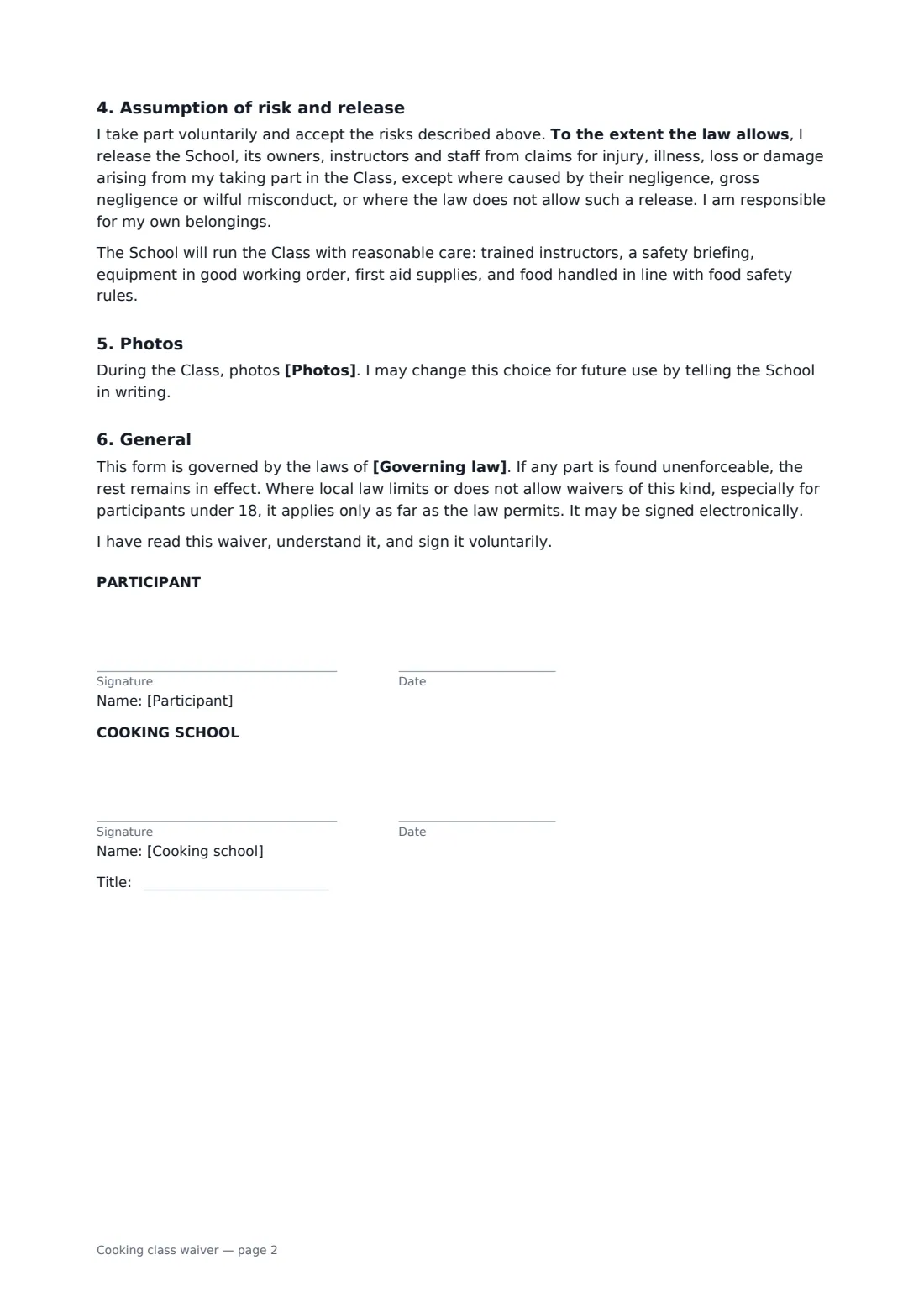 Cooking class waiver — page 2 of 2