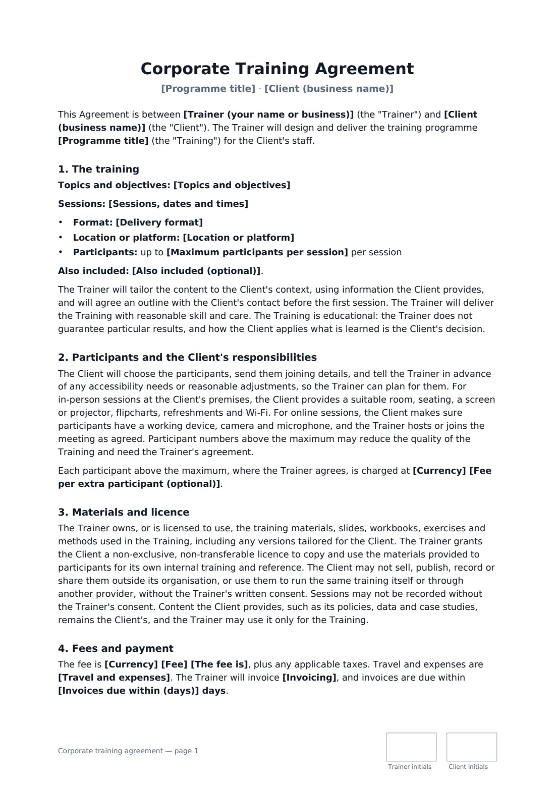 Corporate training agreement — page 1 of 2