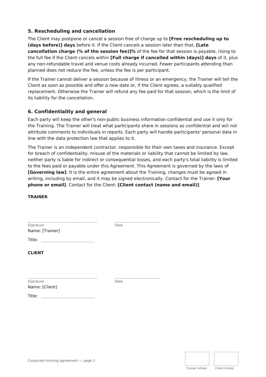 Corporate training agreement — page 2 of 2