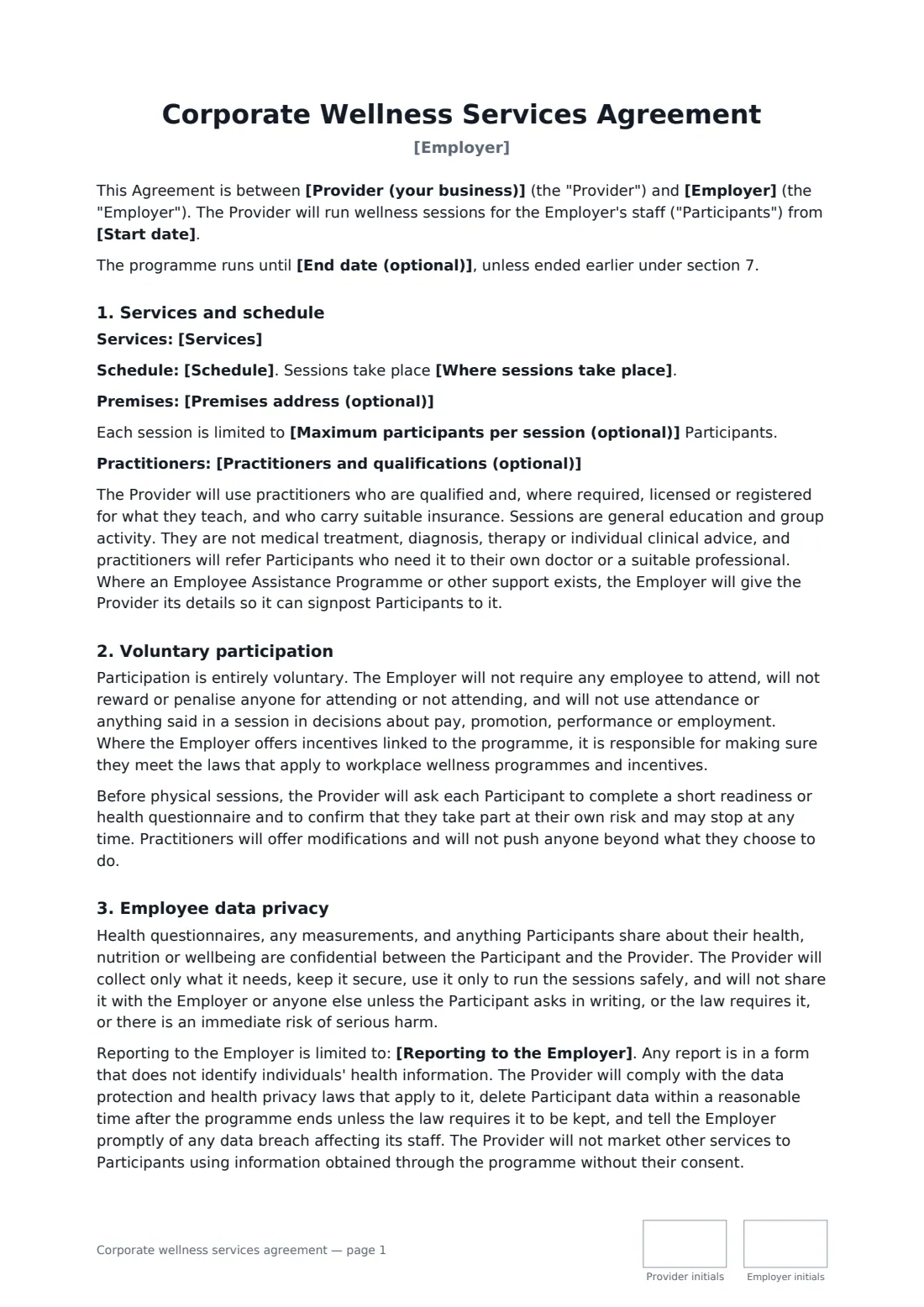 Corporate wellness services agreement — page 1 of 3