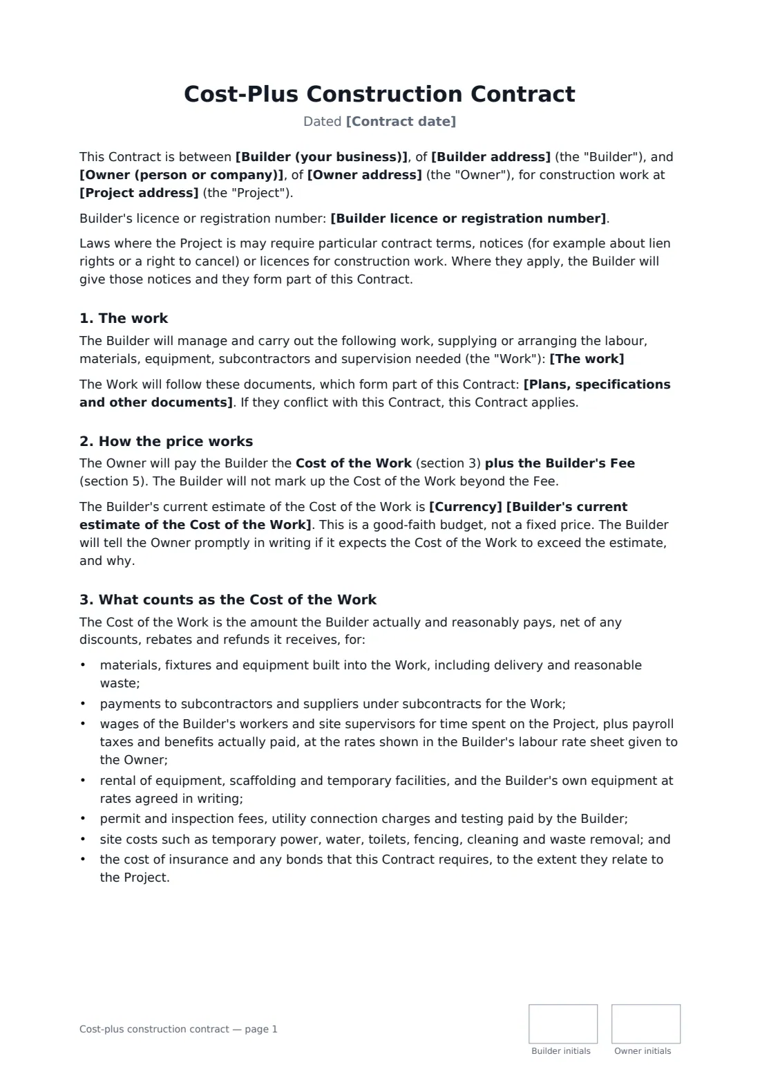 Cost-plus construction contract — page 1 of 4