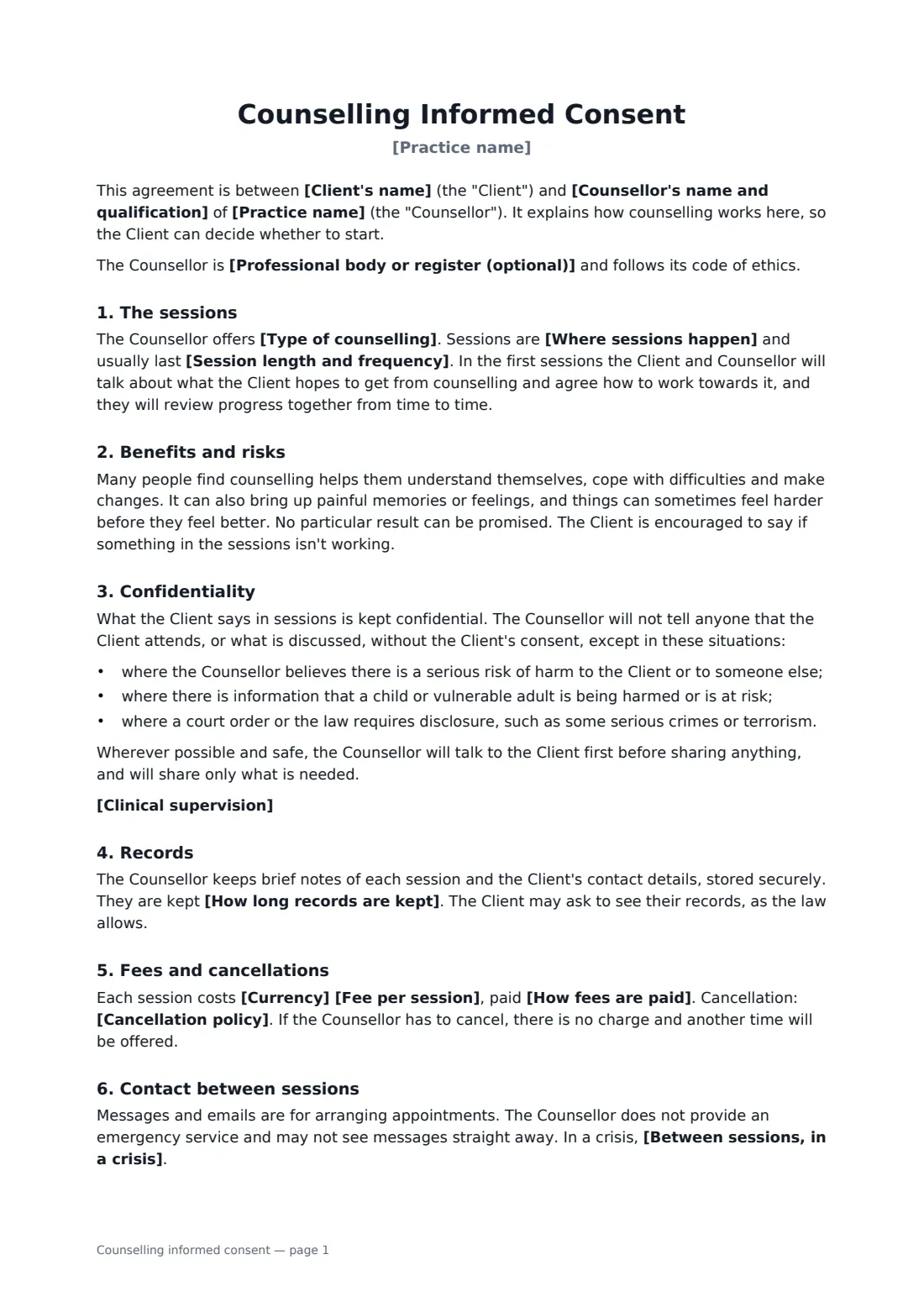 Counselling informed consent — page 1 of 2