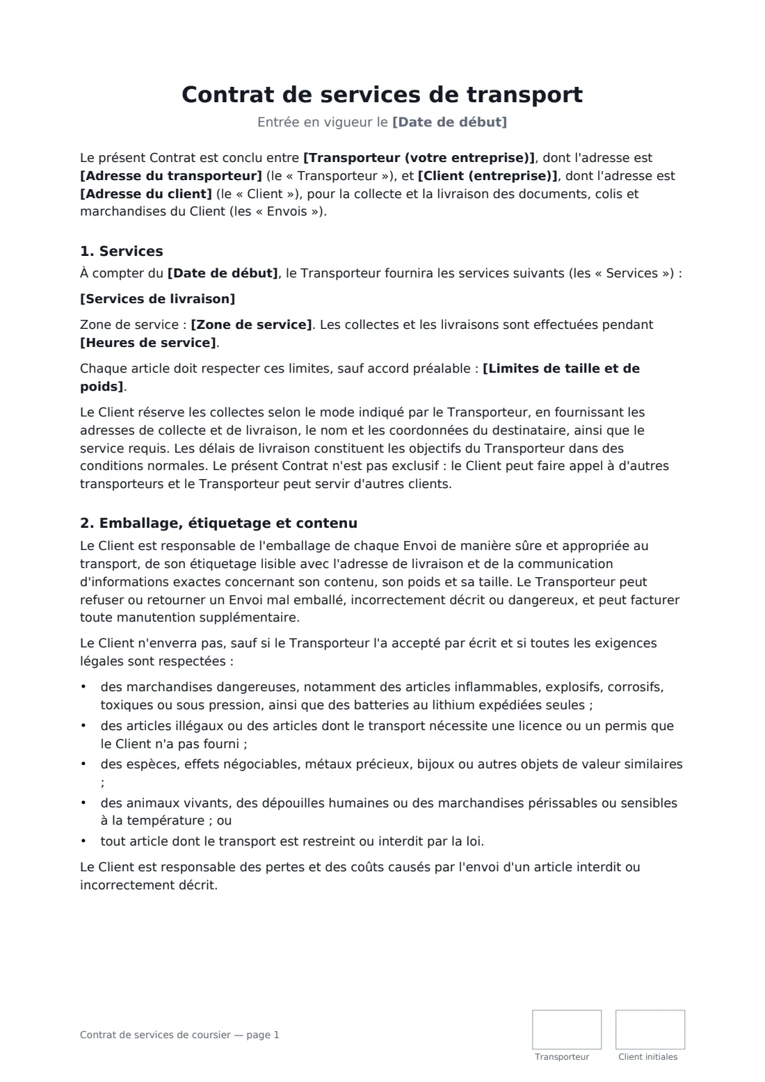 Contrat de services de coursier — page 1 sur 4