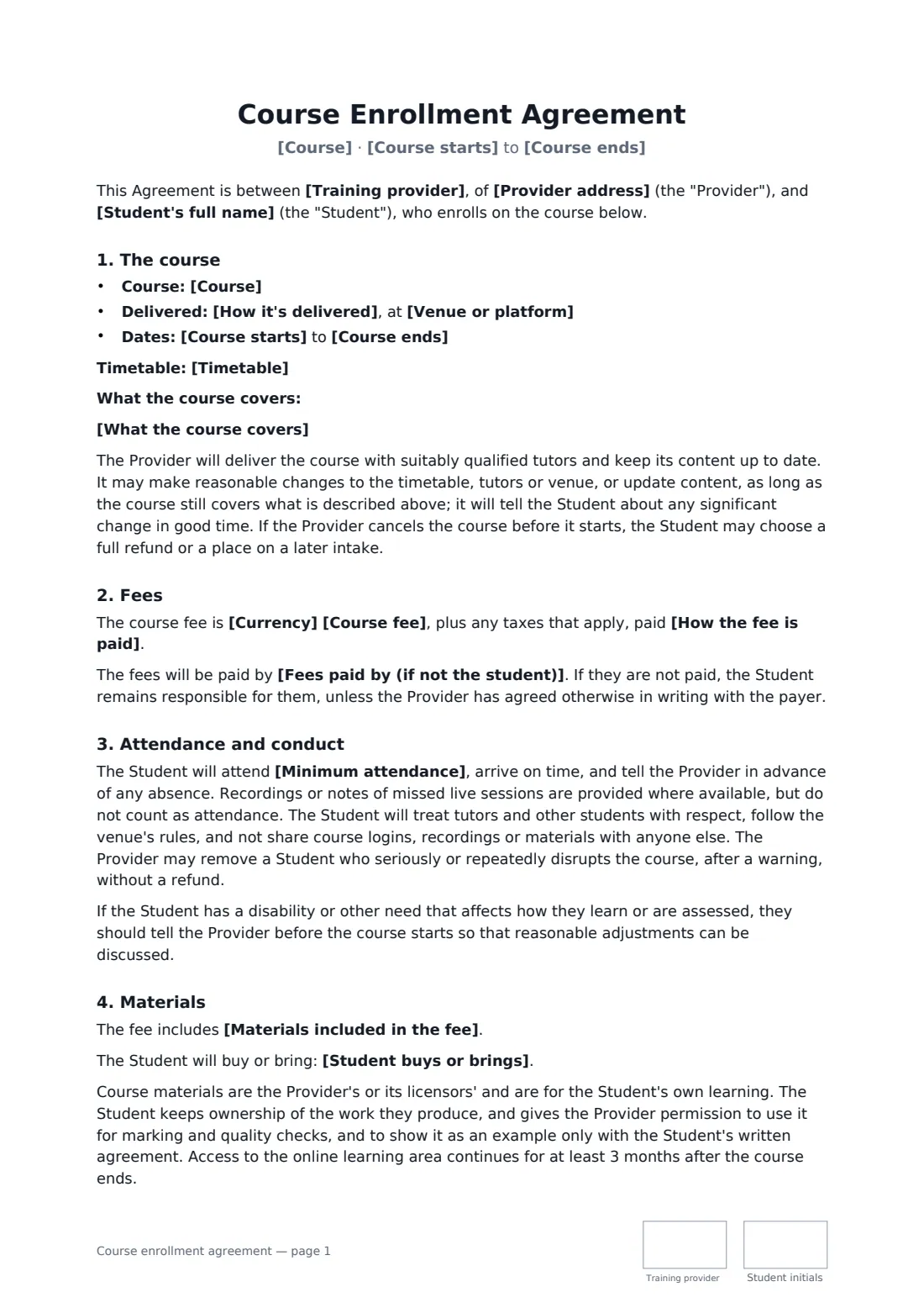 Course enrollment agreement — page 1 of 3