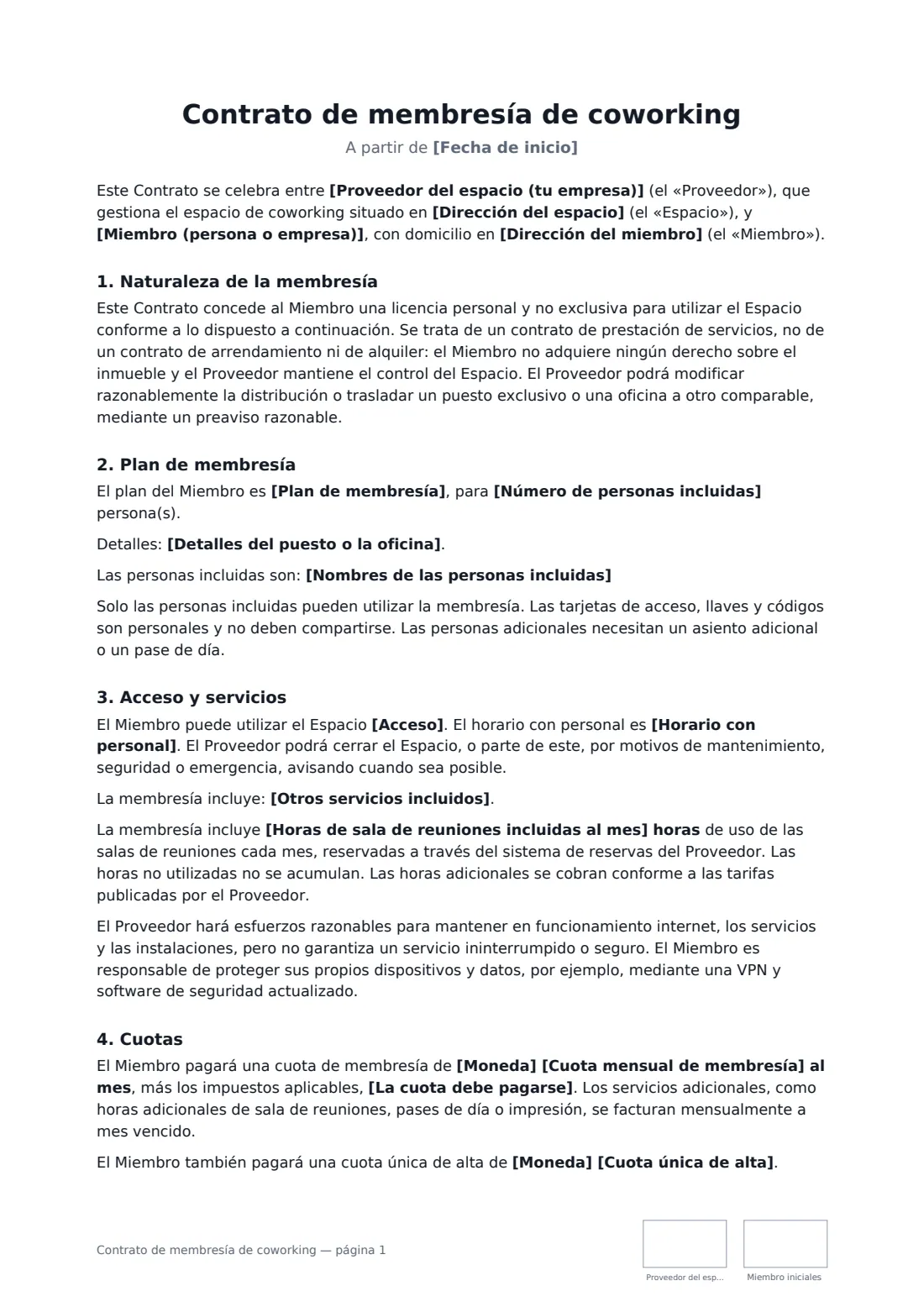 Contrato de membresía de coworking: página 1 de 3