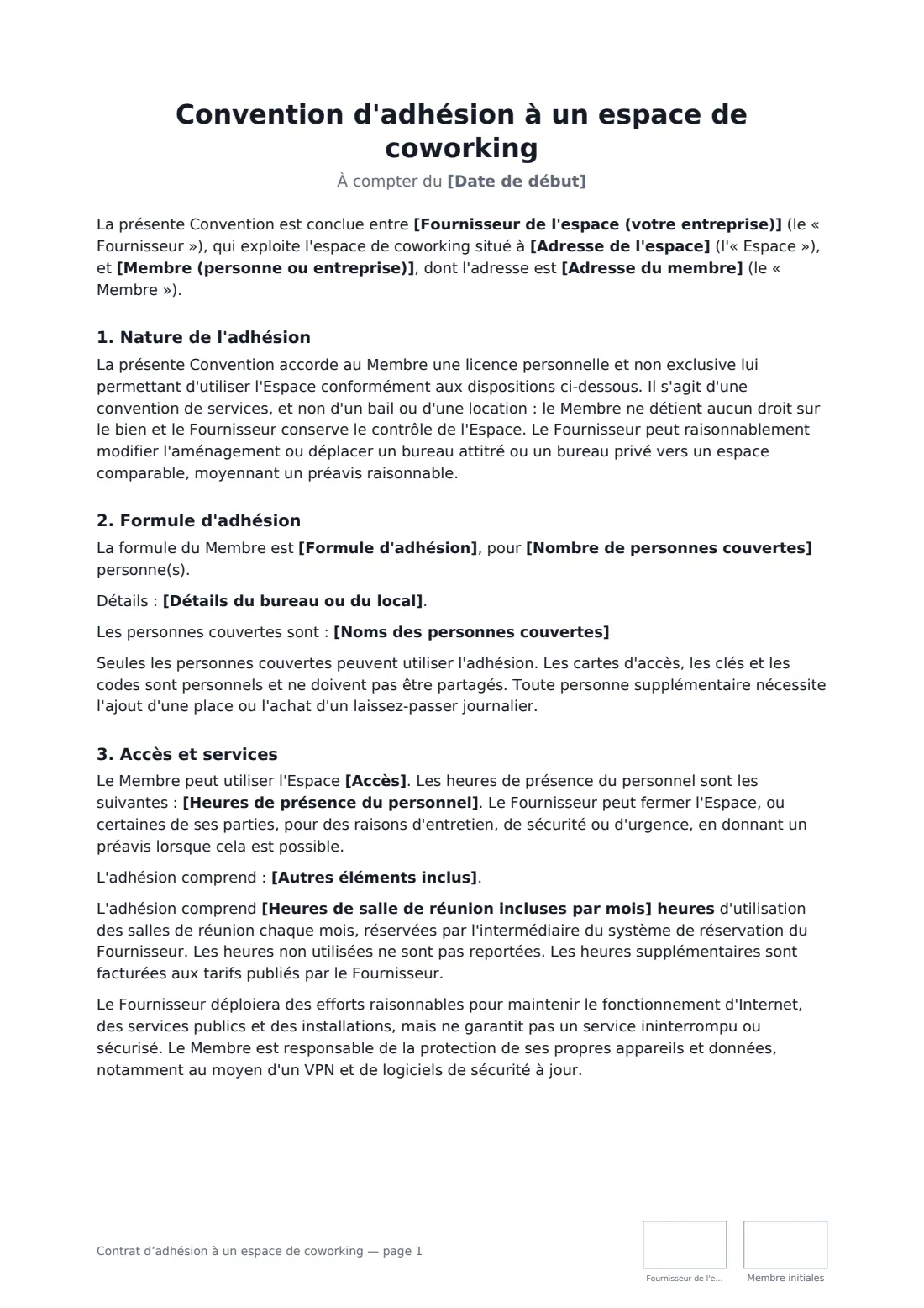 Contrat d’adhésion à un espace de coworking — page 1 sur 3