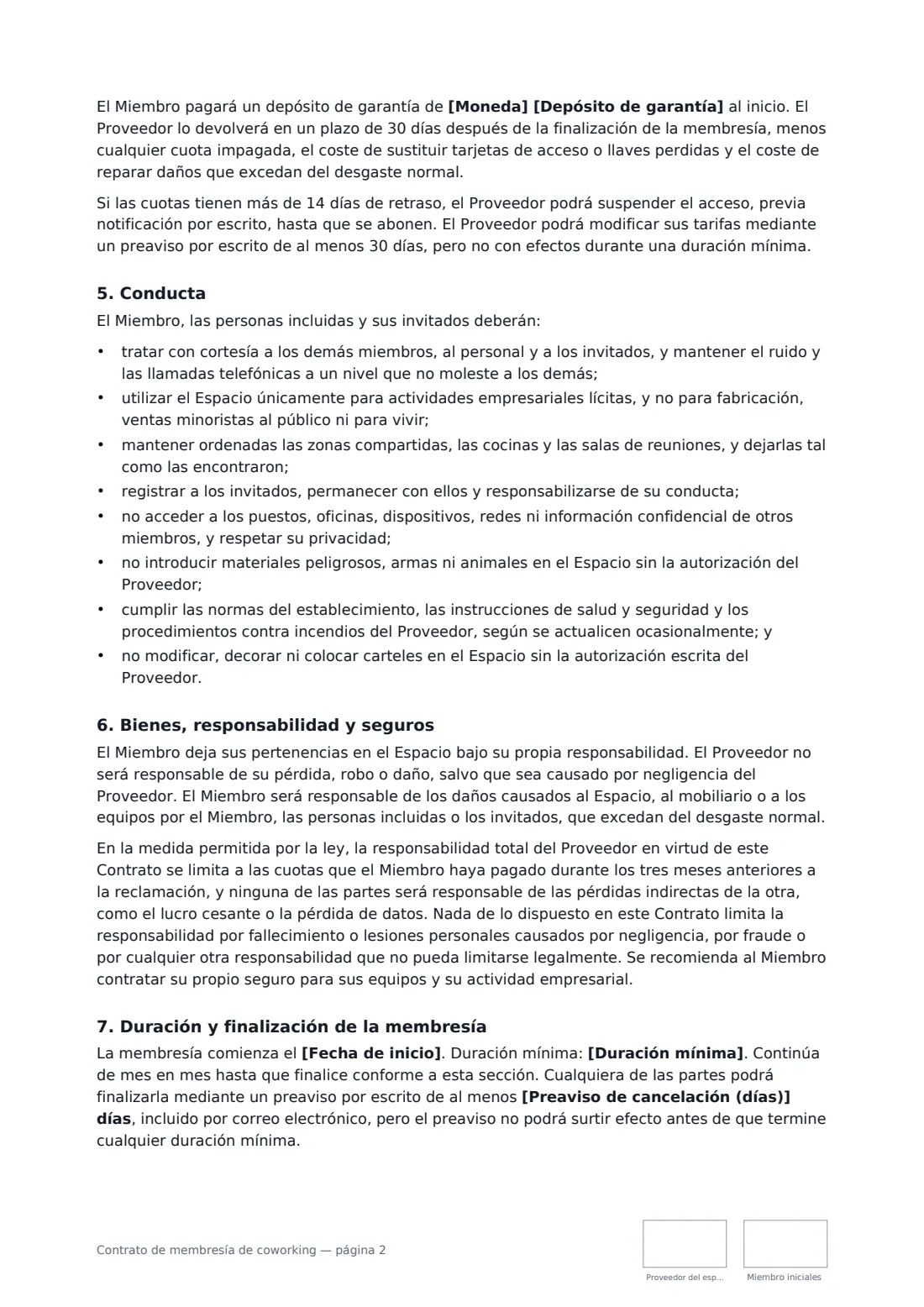 Contrato de membresía de coworking: página 2 de 3