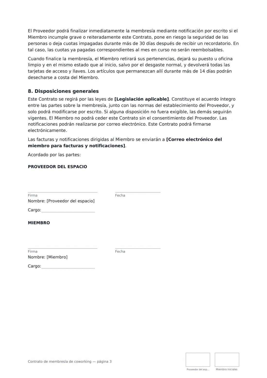 Contrato de membresía de coworking: página 3 de 3