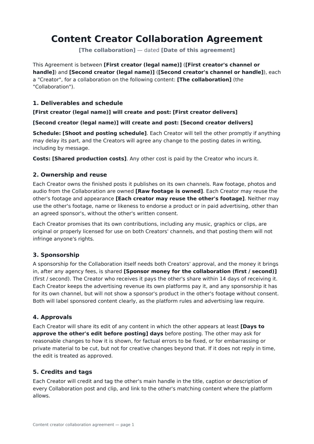 Content creator collaboration agreement — page 1 of 2