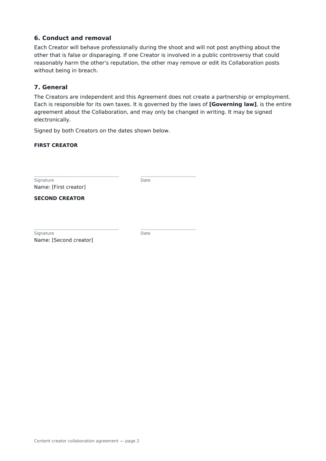 Content creator collaboration agreement — page 2 of 2