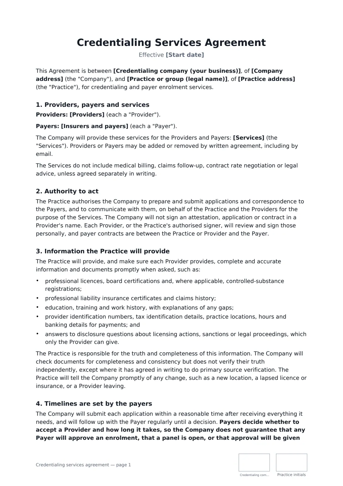 Credentialing services agreement — page 1 of 3