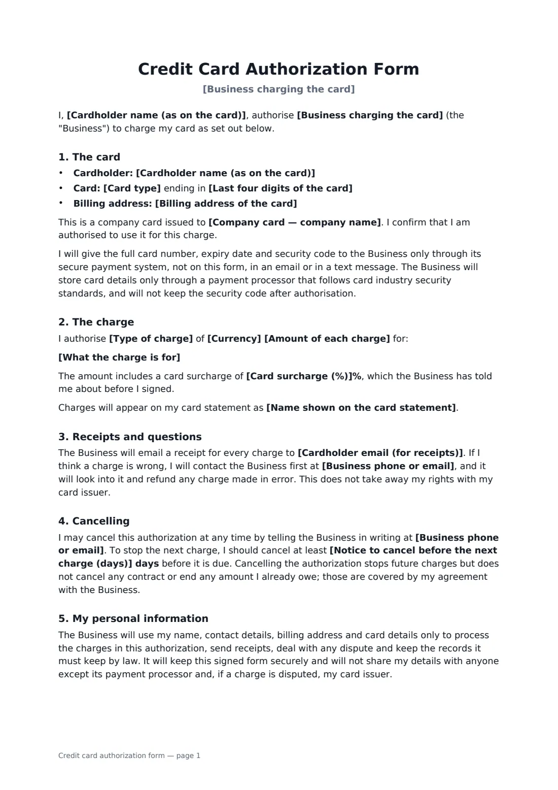 Credit card authorization form — page 1 of 2