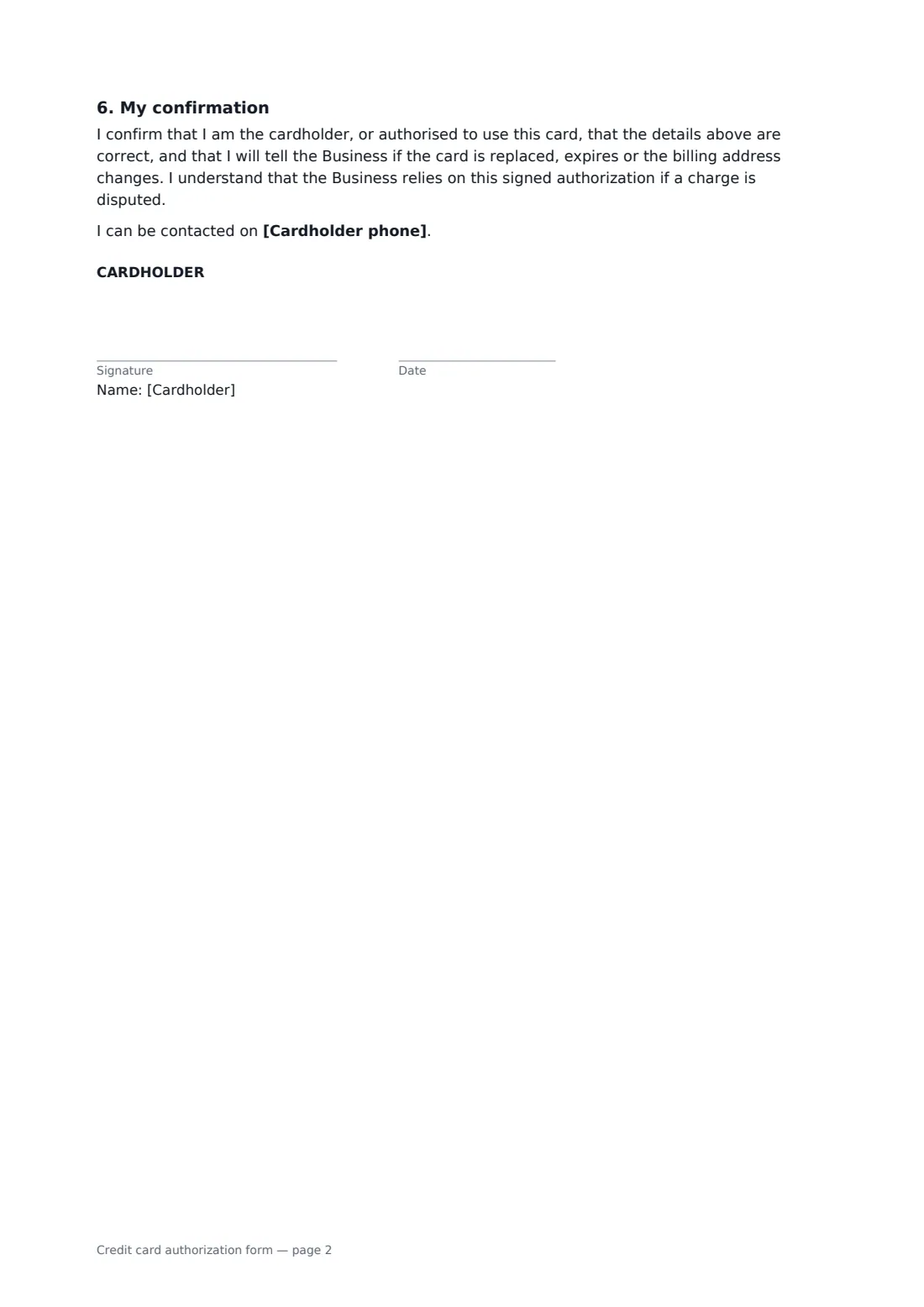 Credit card authorization form — page 2 of 2