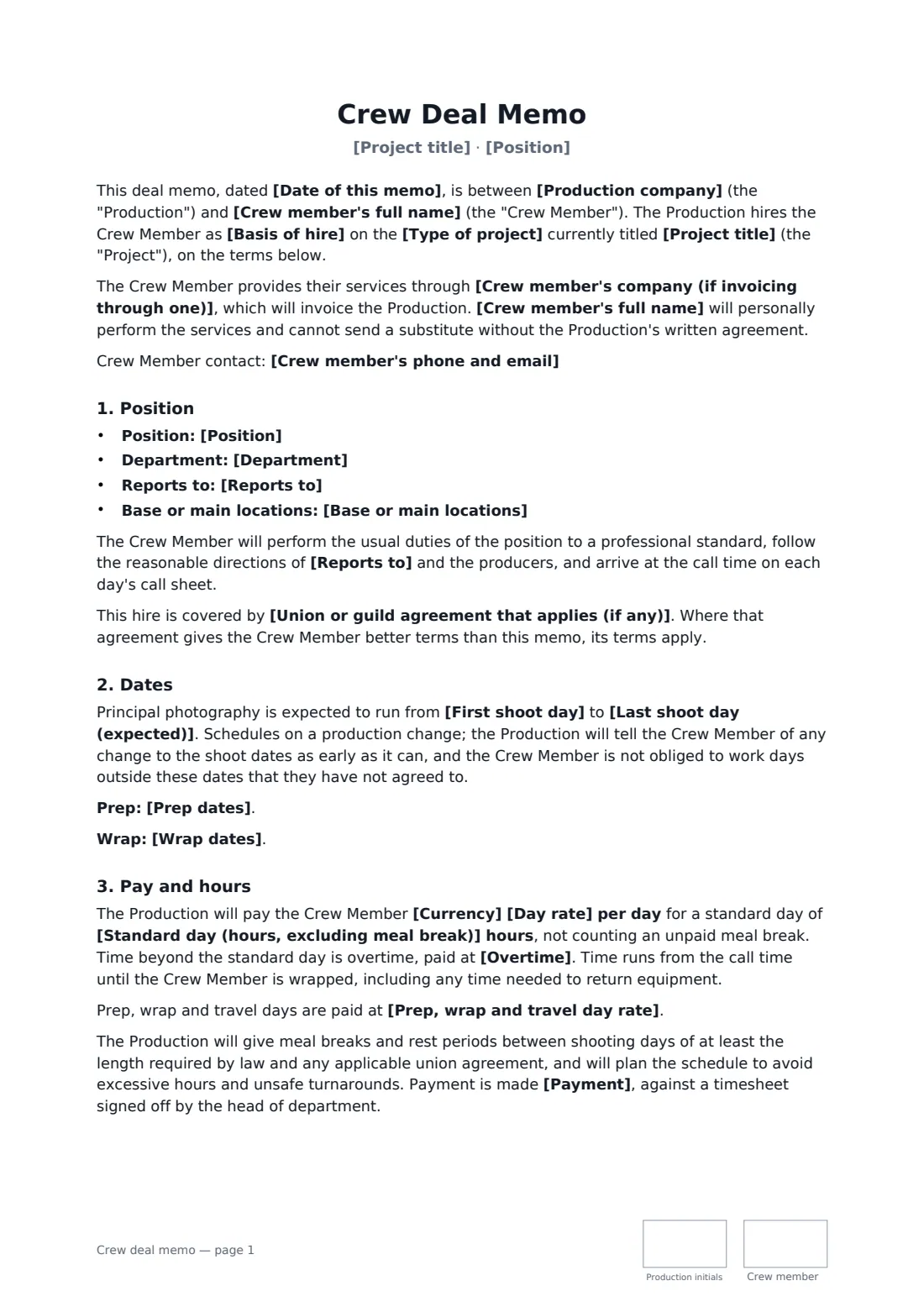 Crew deal memo — page 1 of 3