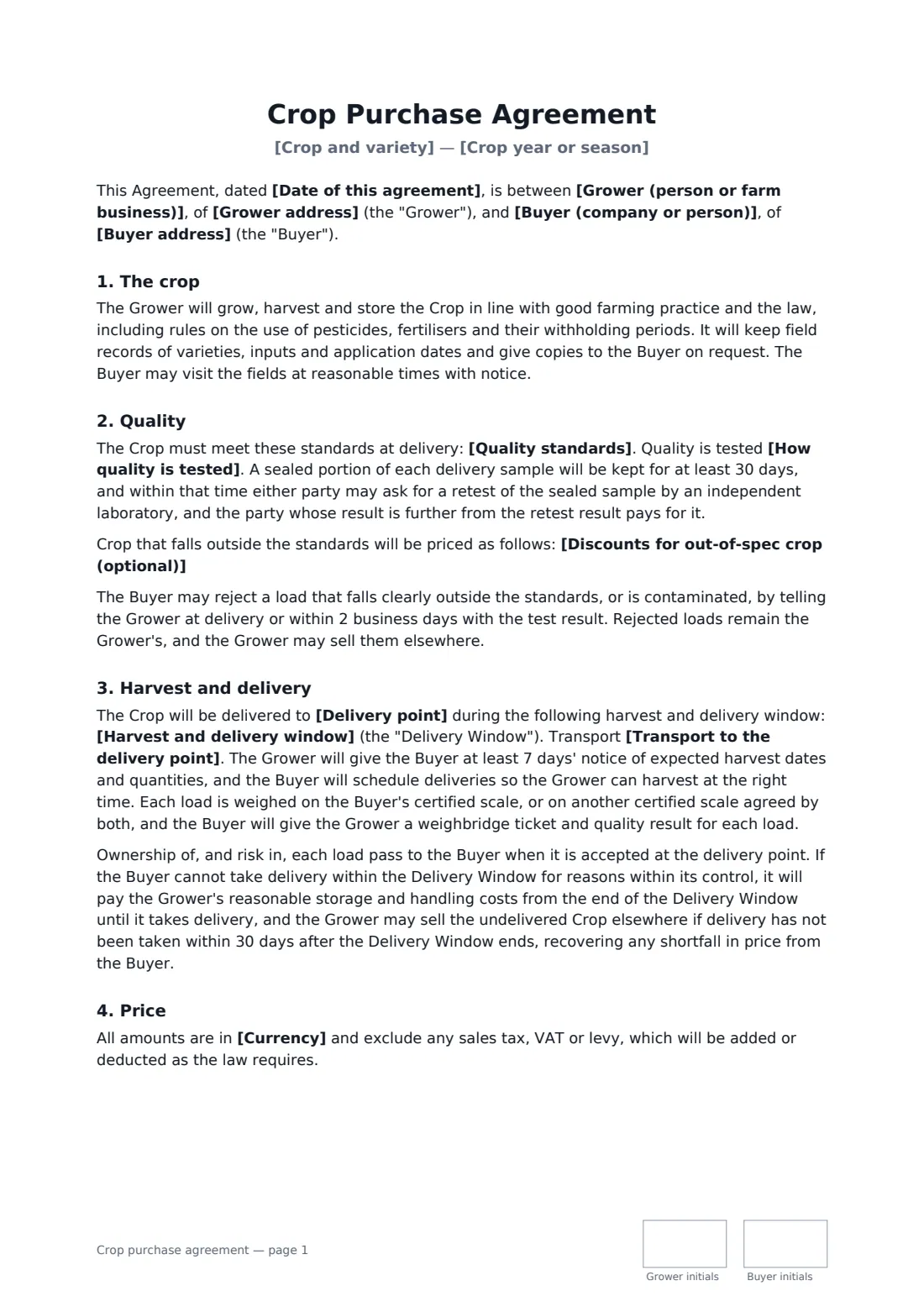 Crop purchase agreement — page 1 of 3