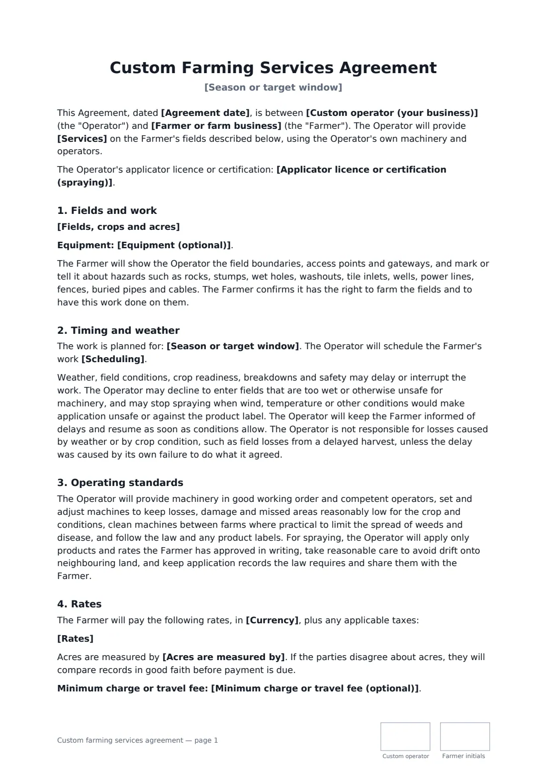 Custom farming services agreement — page 1 of 3