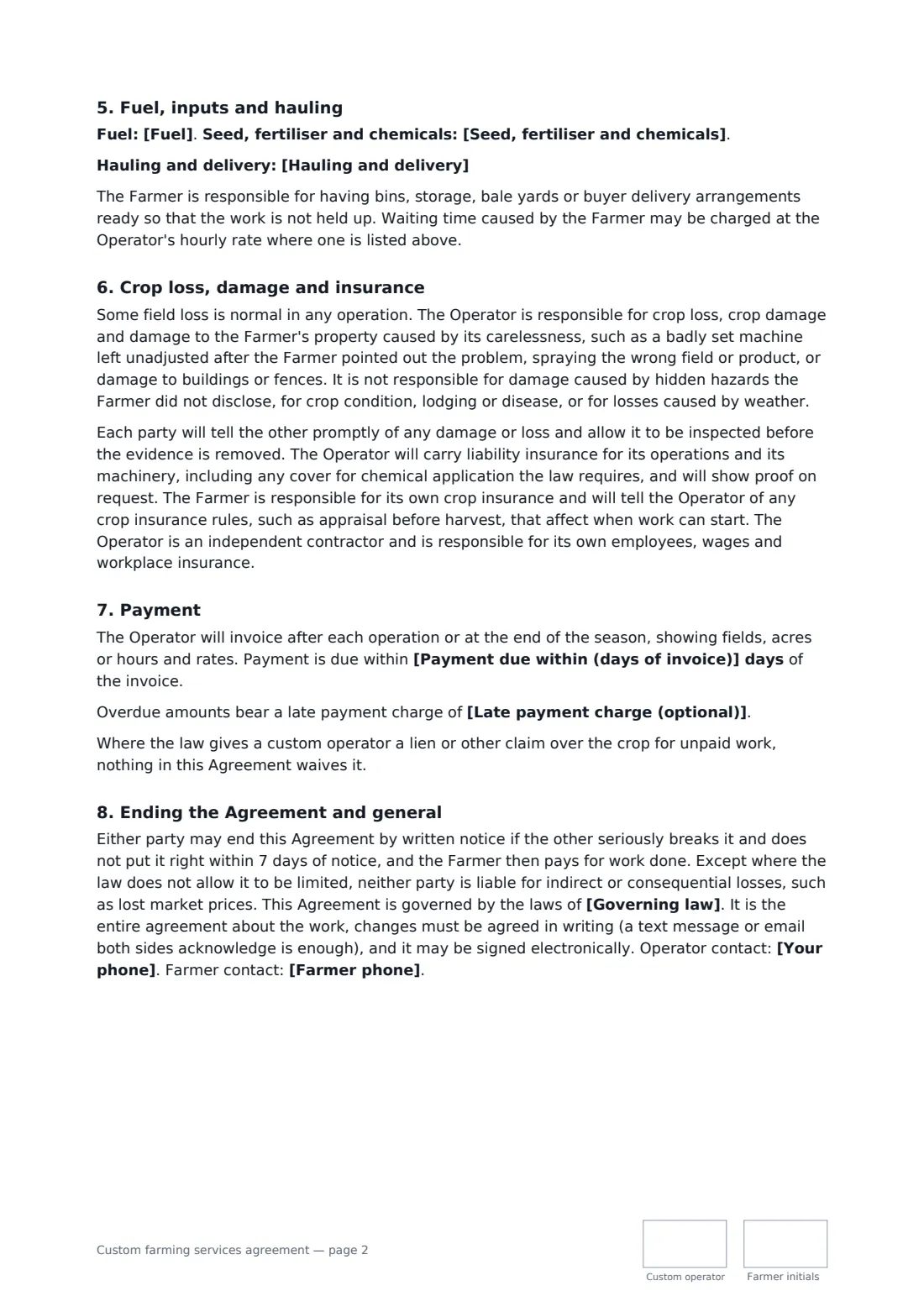Custom farming services agreement — page 2 of 3