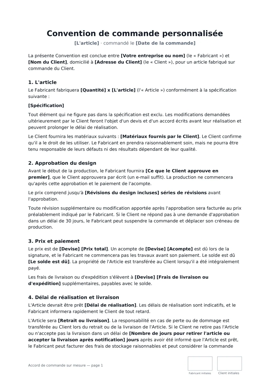 Accord de commande sur mesure — page 1 sur 3