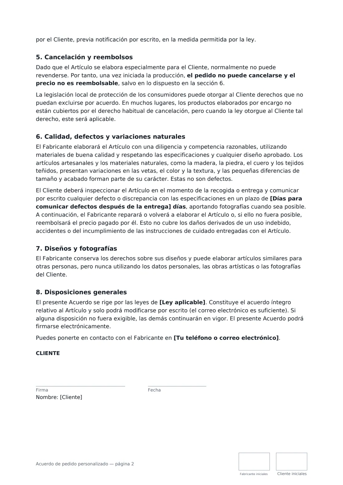Acuerdo de pedido personalizado: página 2 de 3