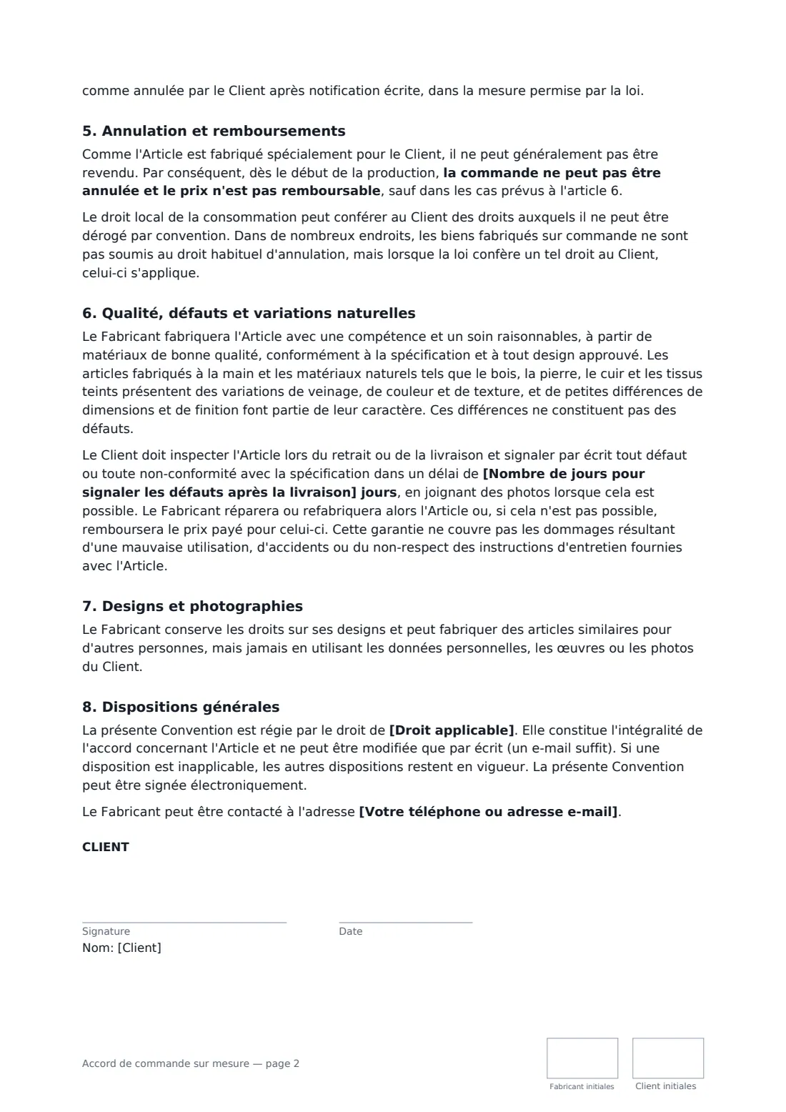 Accord de commande sur mesure — page 2 sur 3