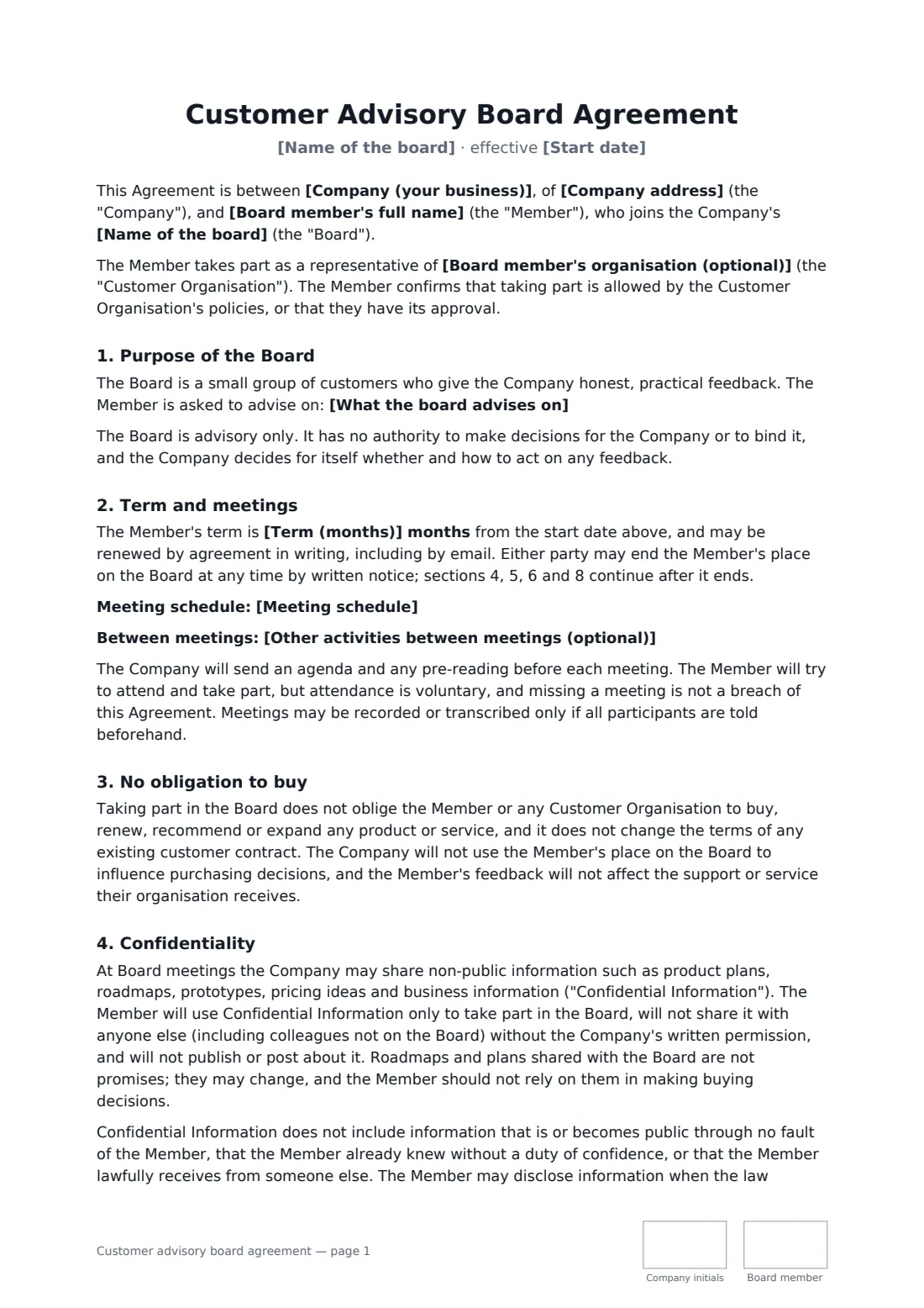 Customer advisory board agreement — page 1 of 3