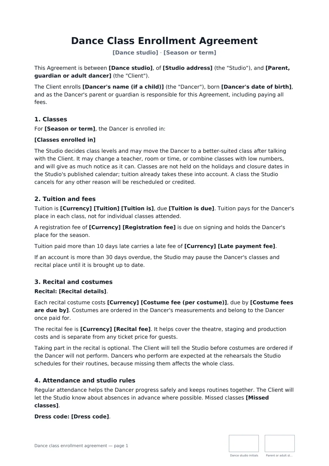 Dance class enrollment agreement — page 1 of 3