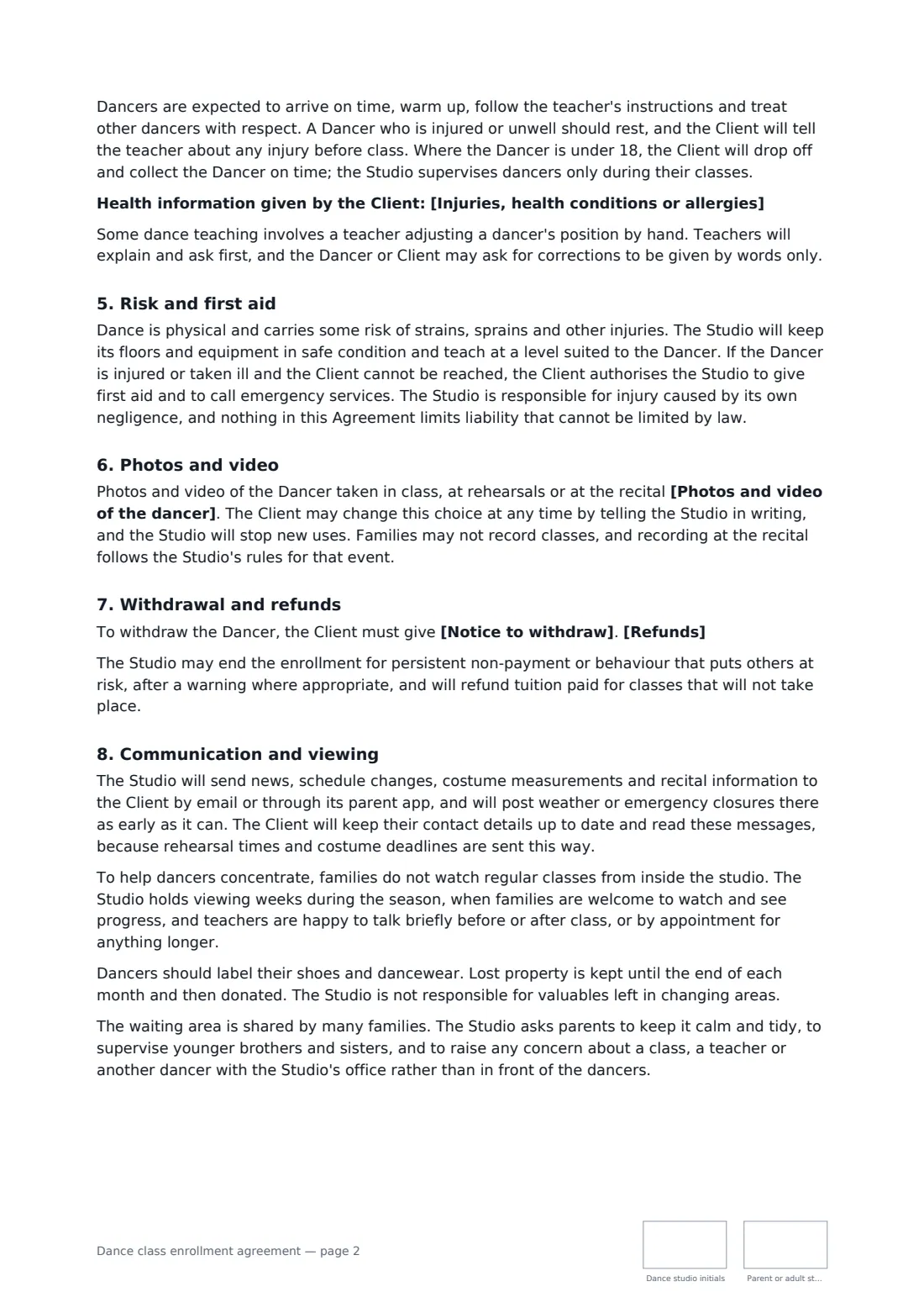 Dance class enrollment agreement — page 2 of 3