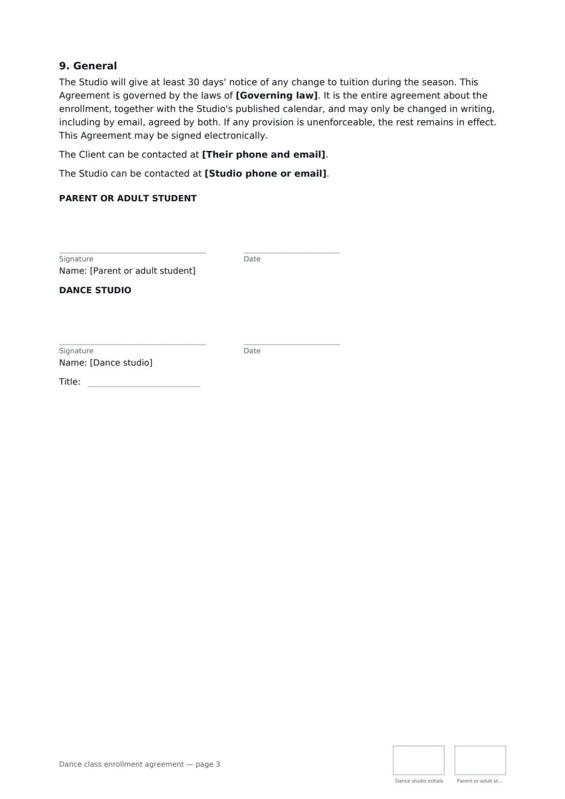 Dance class enrollment agreement — page 3 of 3