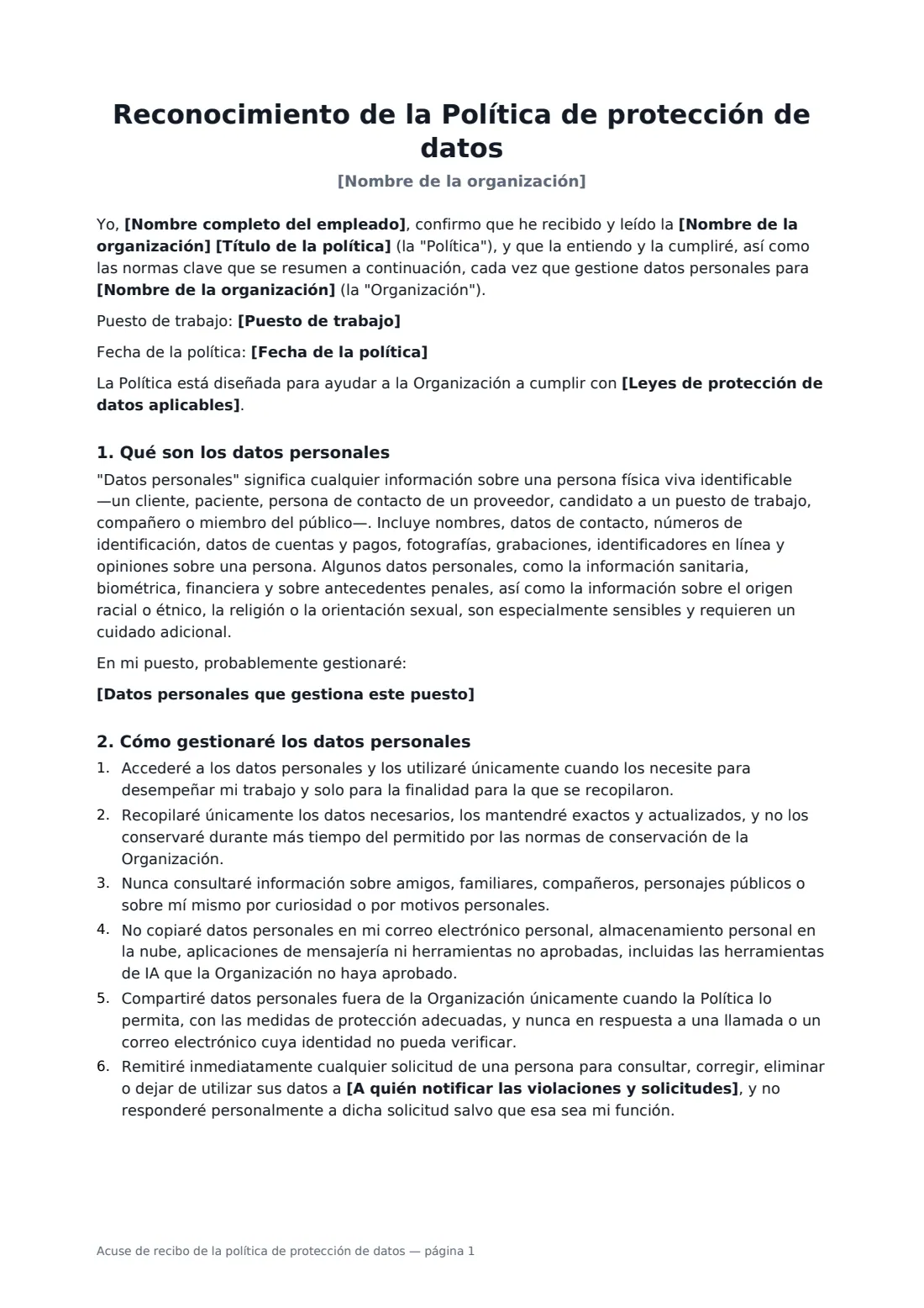 Acuse de recibo de la política de protección de datos: página 1 de 3