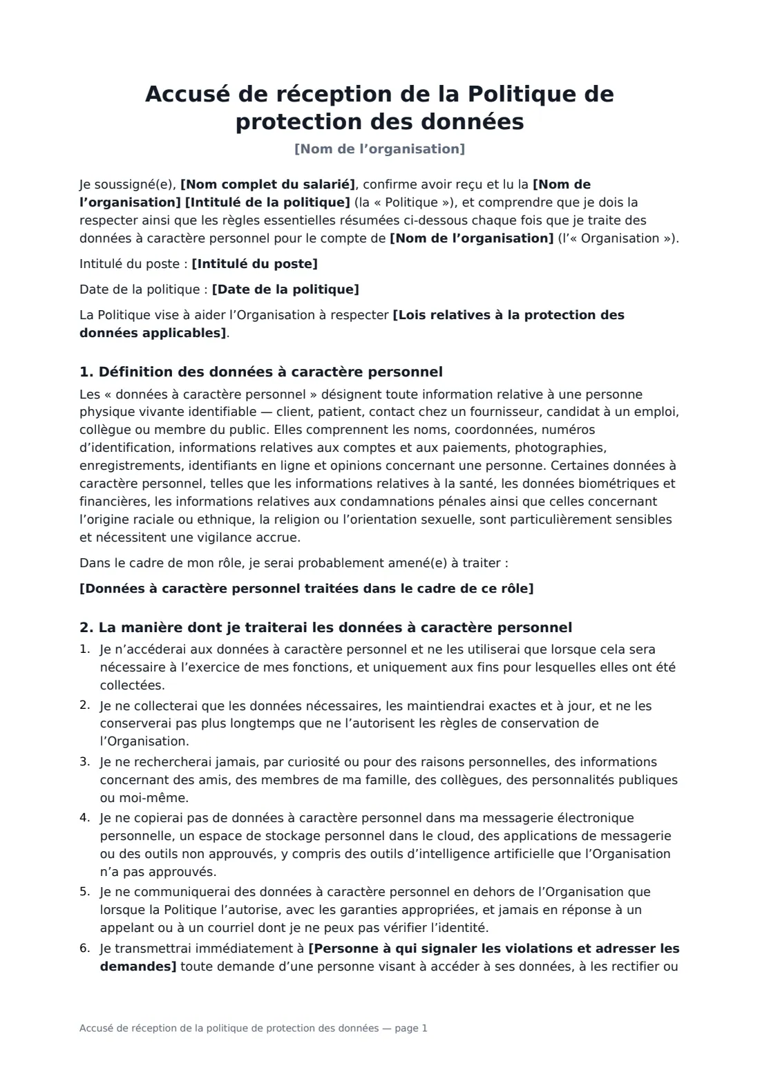 Accusé de réception de la politique de protection des données — page 1 sur 3