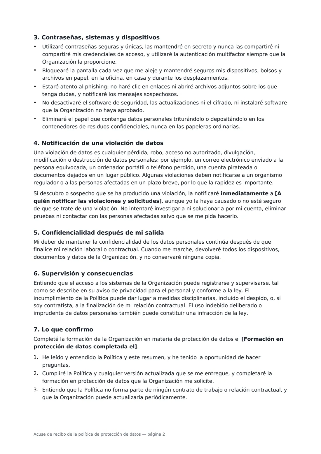 Acuse de recibo de la política de protección de datos: página 2 de 3