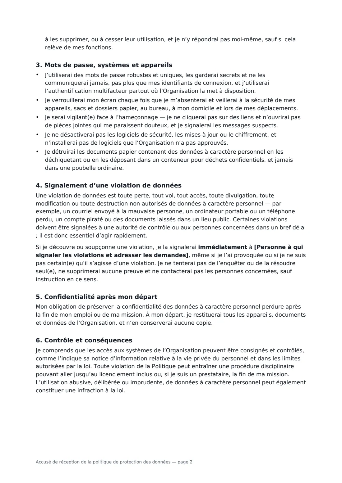 Accusé de réception de la politique de protection des données — page 2 sur 3