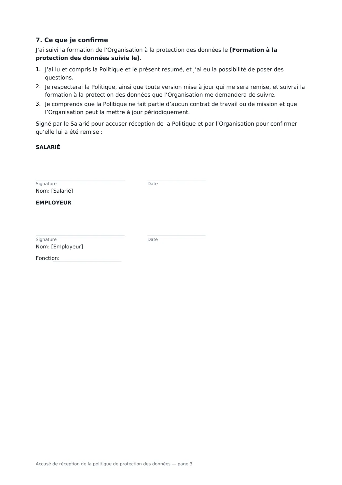Accusé de réception de la politique de protection des données — page 3 sur 3