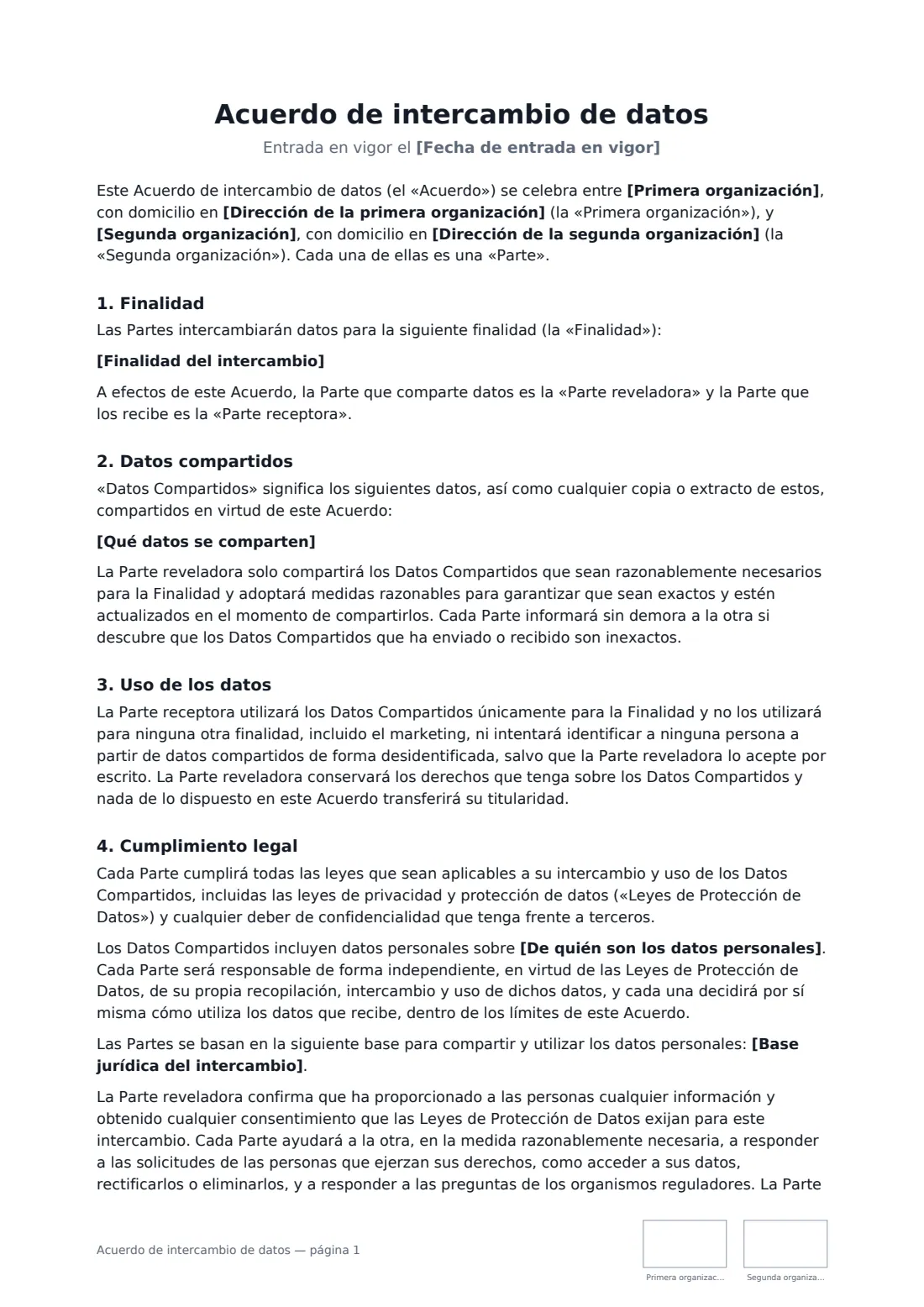 Acuerdo de intercambio de datos: página 1 de 3