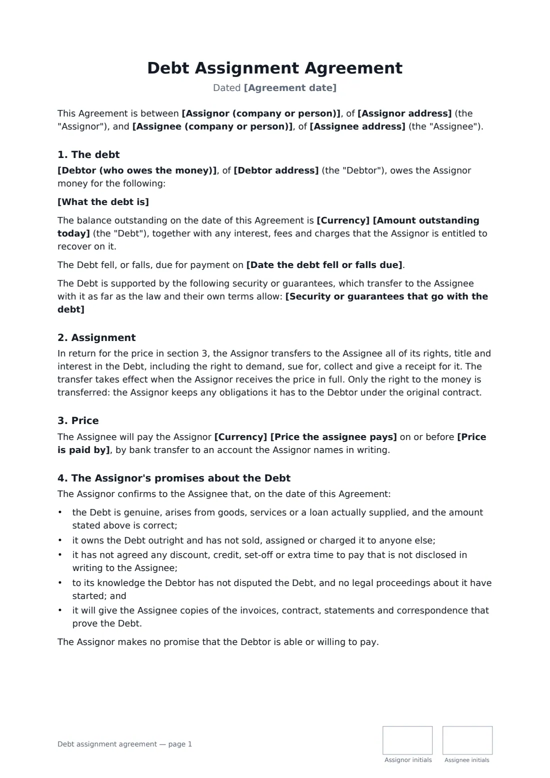 Debt assignment agreement — page 1 of 2