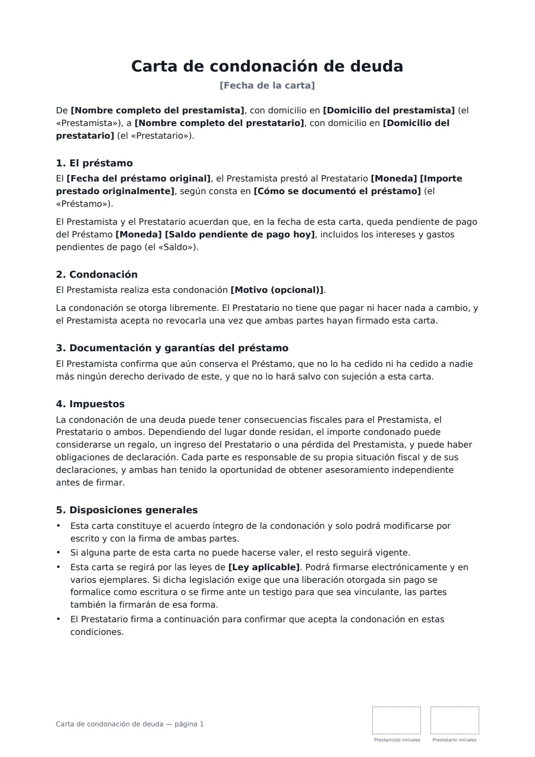 Carta de condonación de deuda: página 1 de 2