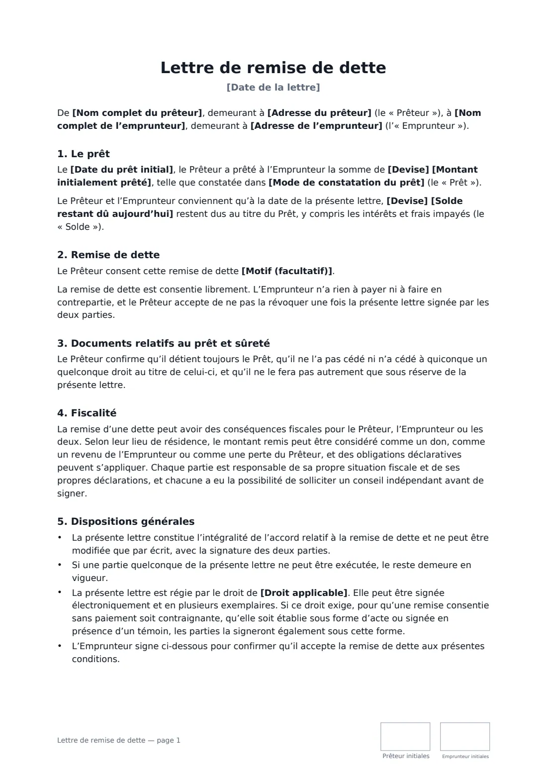 Lettre de remise de dette — page 1 sur 2
