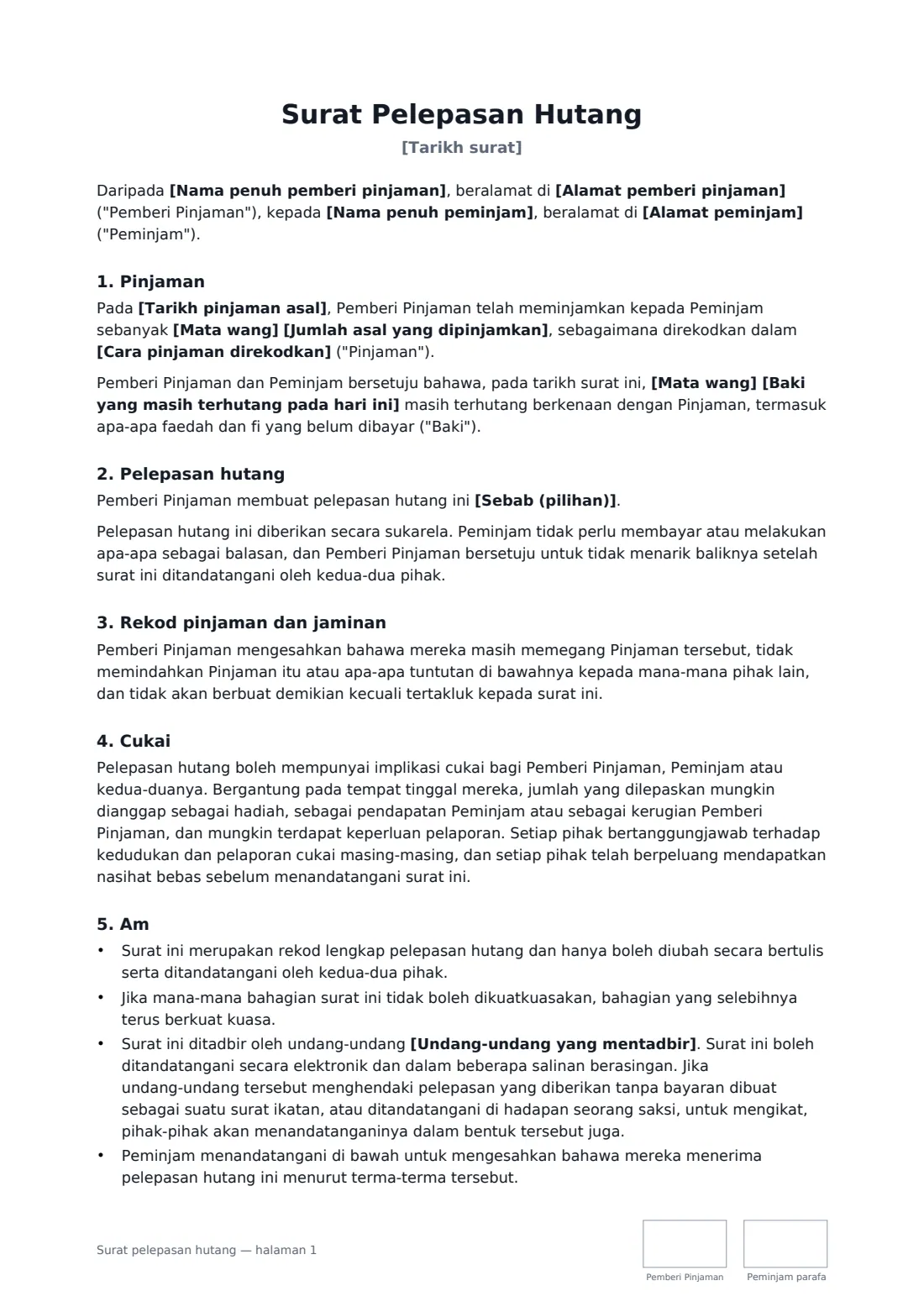 Surat pelepasan hutang — halaman 1 daripada 2