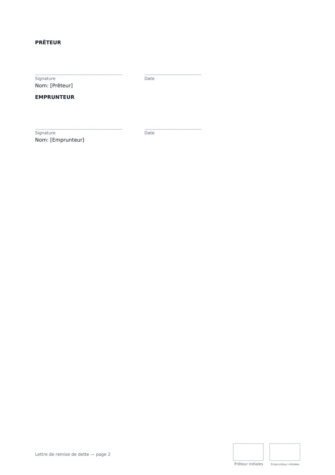 Lettre de remise de dette — page 2 sur 2